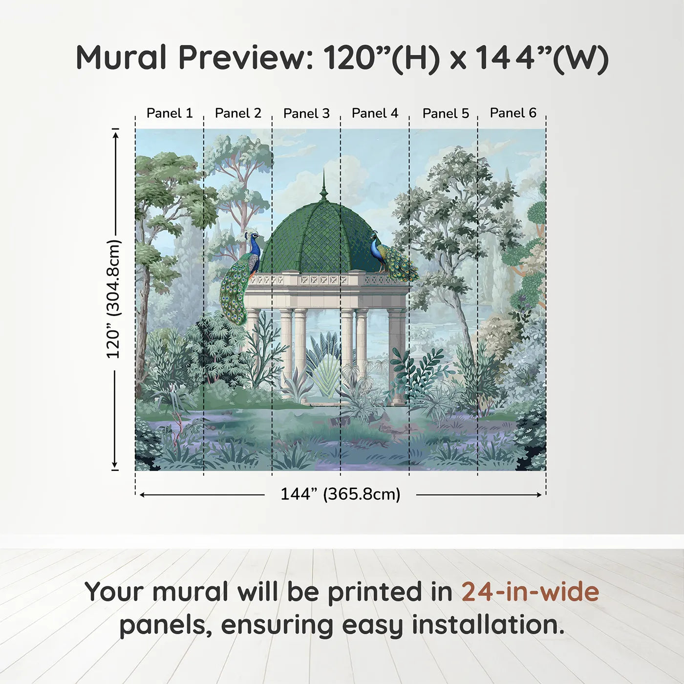 Whimsy Tots Peacock Pavilion Wall Muraldimension view (120" H x 144" W). Printed in six 24-inch-wide panels. Gender-Neutral