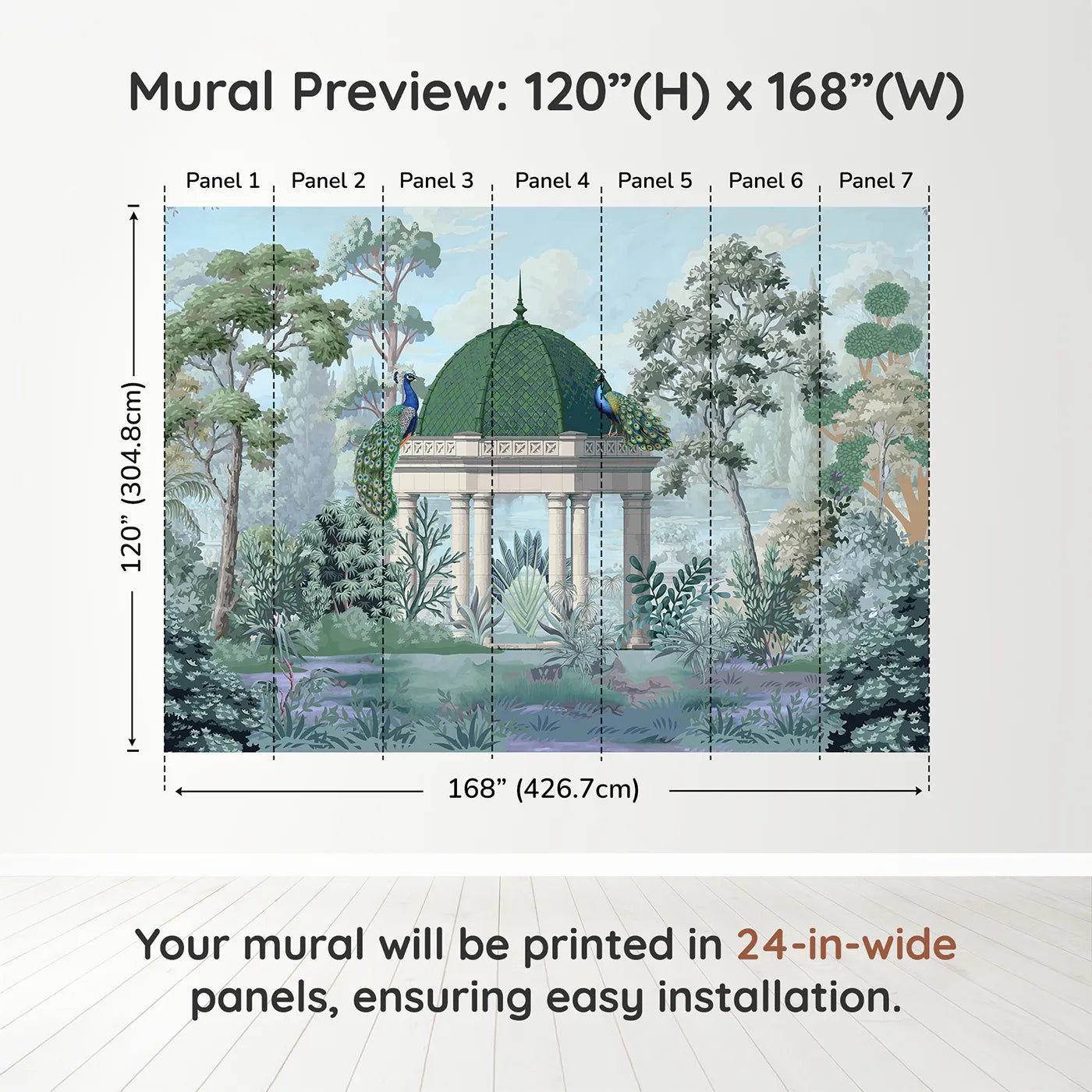 Whimsy Tots Peacock Pavilion Wall Muraldimension view (120" H x 168" W). Printed in seven 24-inch-wide panels. Gender-Neutral