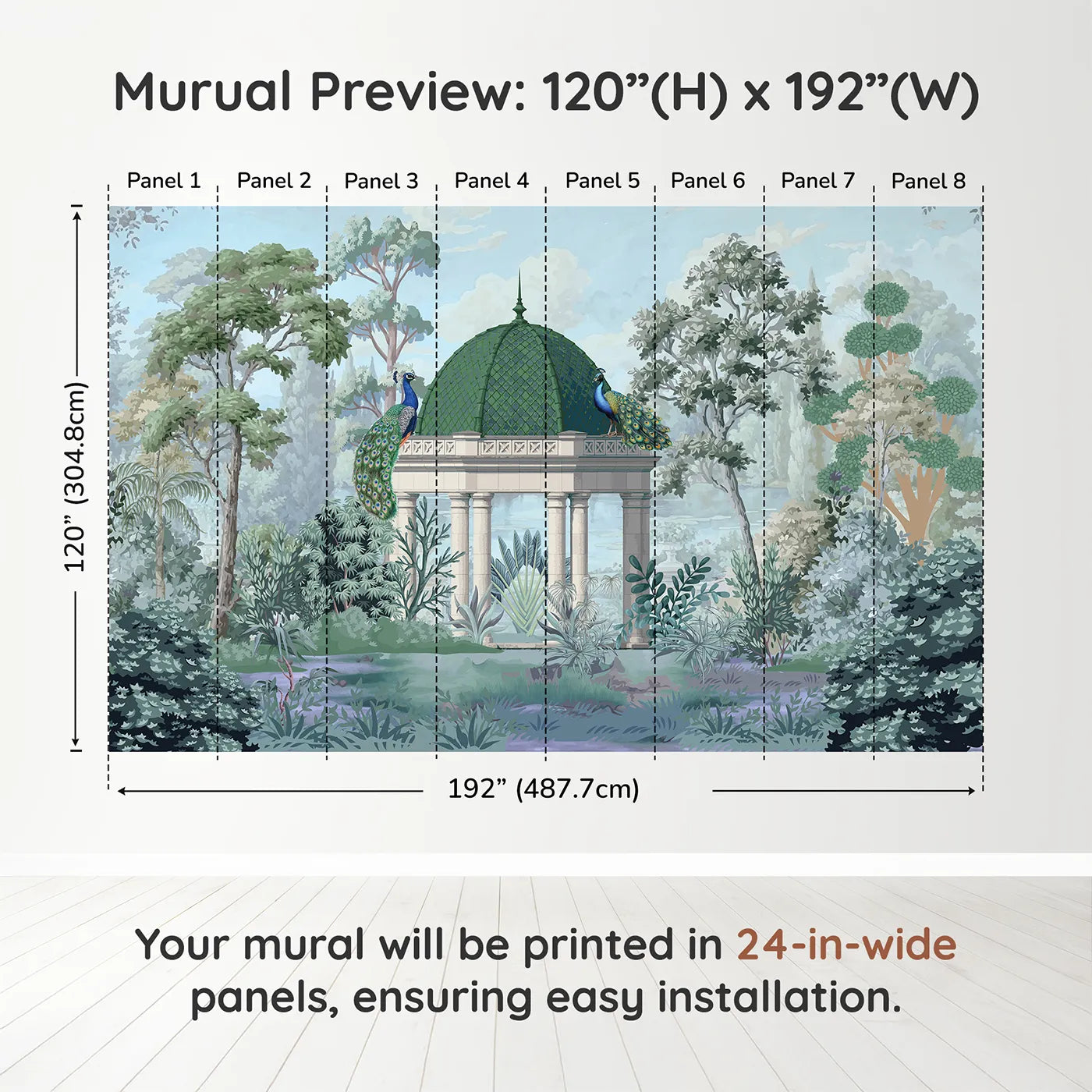 Whimsy Tots Peacock Pavilion Wall Muraldimension view (120" H x 192" W). Printed in eight 24-inch-wide panels. Gender-Neutral