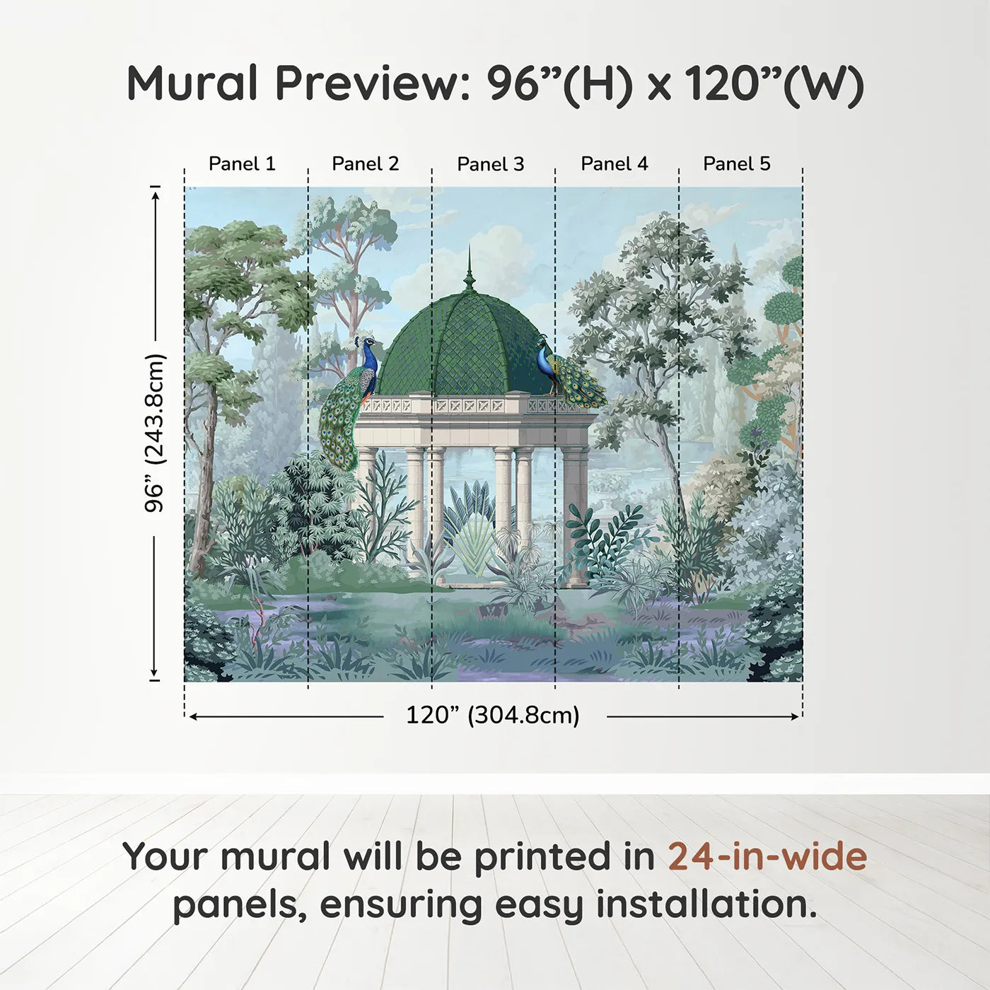 Whimsy Tots Peacock Pavilion Wall Muraldimension view (96" H x 120" W). Printed in five 24-inch-wide panels. Gender-Neutral