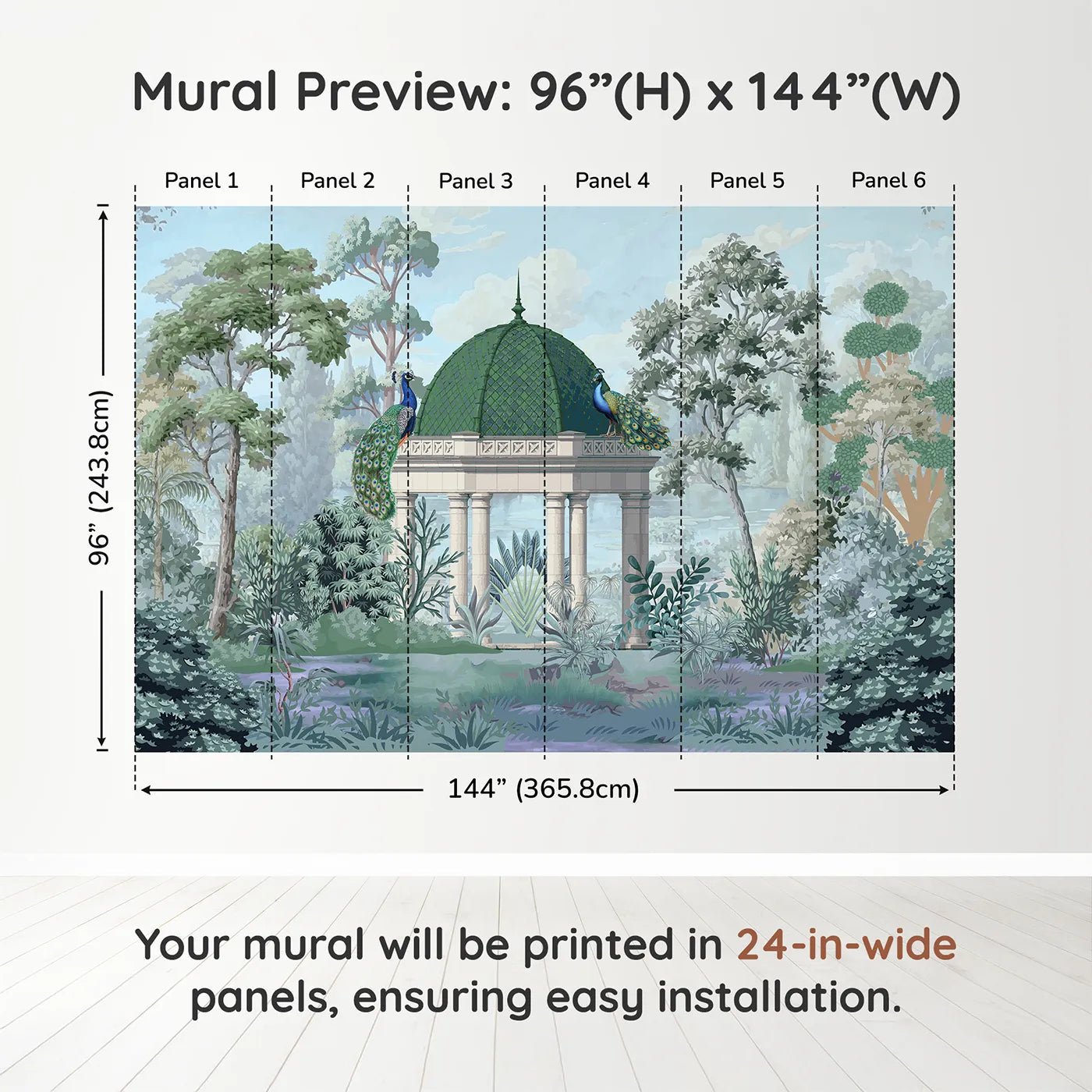 Whimsy Tots Peacock Pavilion Wall Muraldimension view (96" H x 144" W). Printed in six 24-inch-wide panels. Gender-Neutral