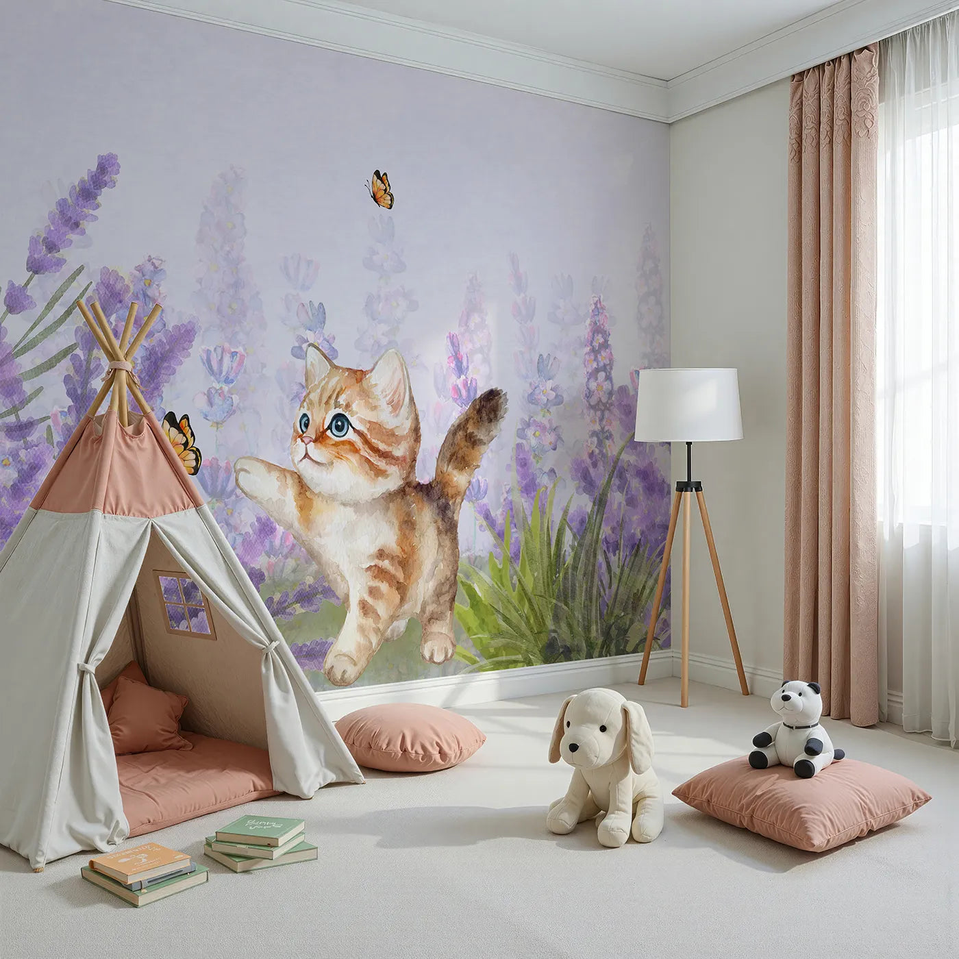 Angled view of Whimsy Tots' Watercolor Kitten and Lavender Wall Mural (Turn Their Room into a Field of Gentle, Purple Dreams).Gender-Neutral