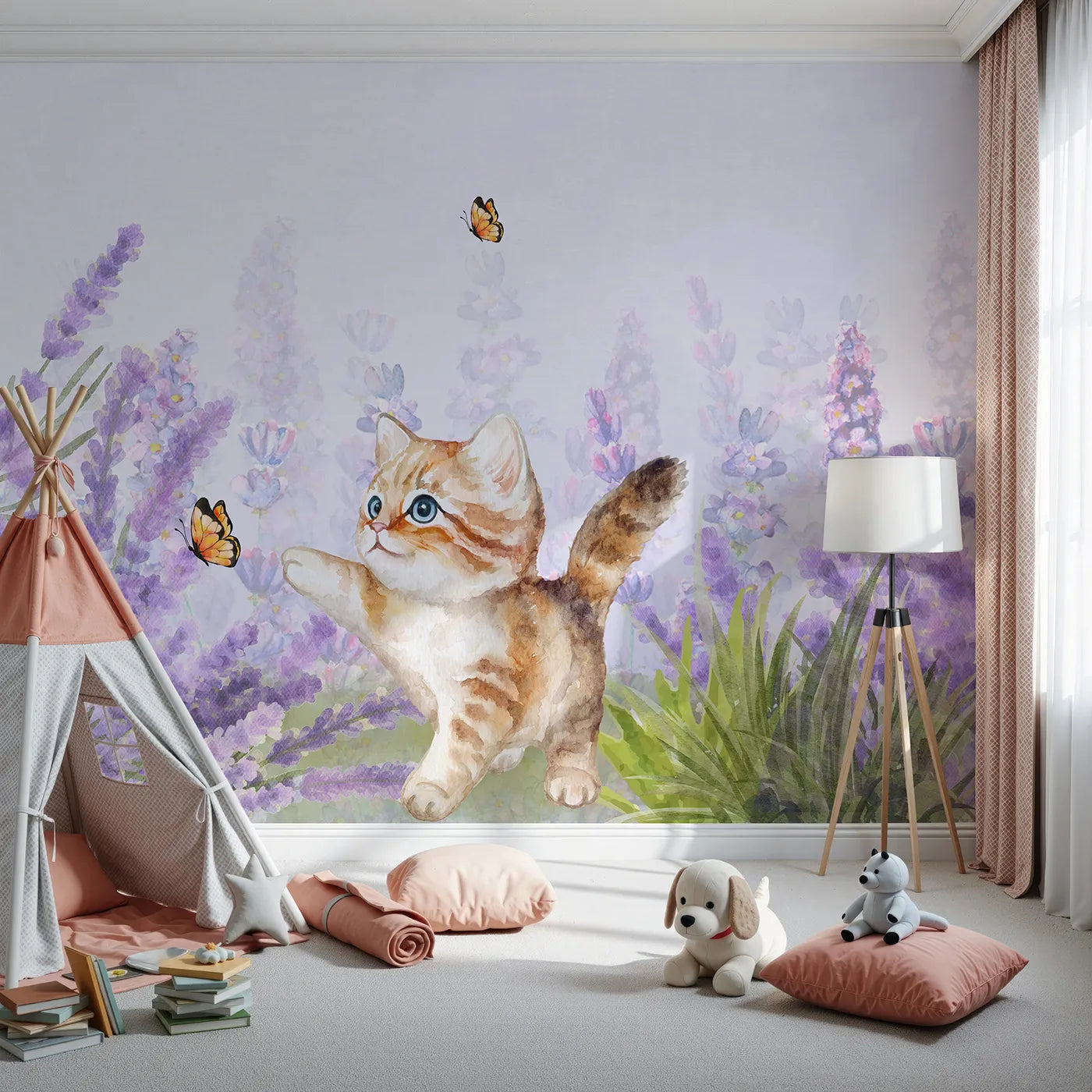 Front view of Whimsy Tots' Watercolor Kitten and Lavender Wall Mural