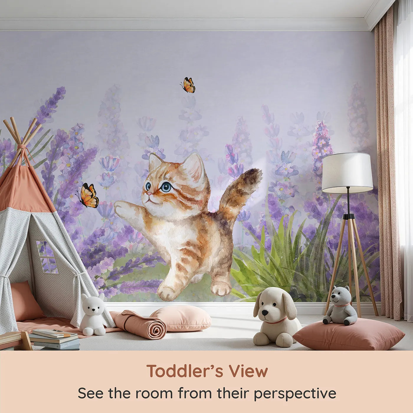 Whimsy Tots Watercolor Kitten and Lavender Wall Mural (Turn Their Room into a Field of Gentle, Purple Dreams) from your child's view.Gender-Neutral