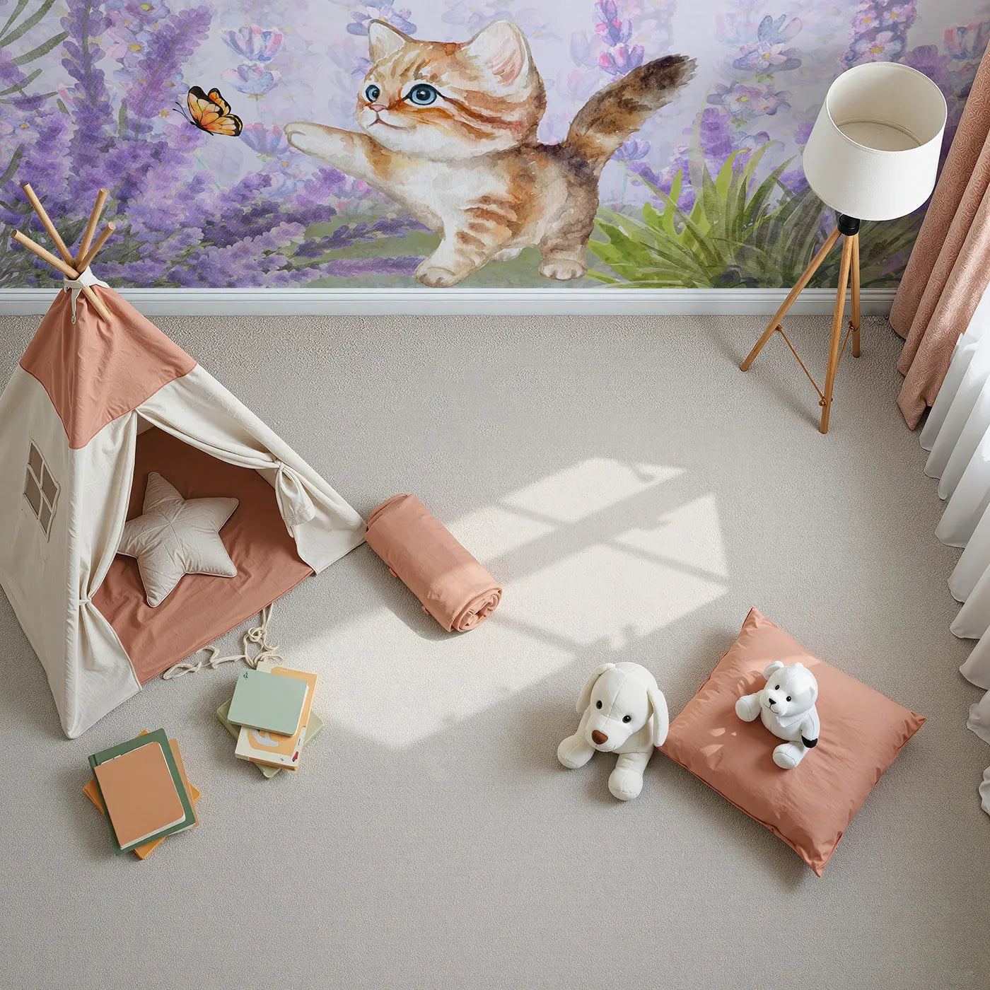 Top-down view of Whimsy Tots' Watercolor Kitten and Lavender Wall Mural (Turn Their Room into a Field of Gentle, Purple Dreams).Gender-Neutral