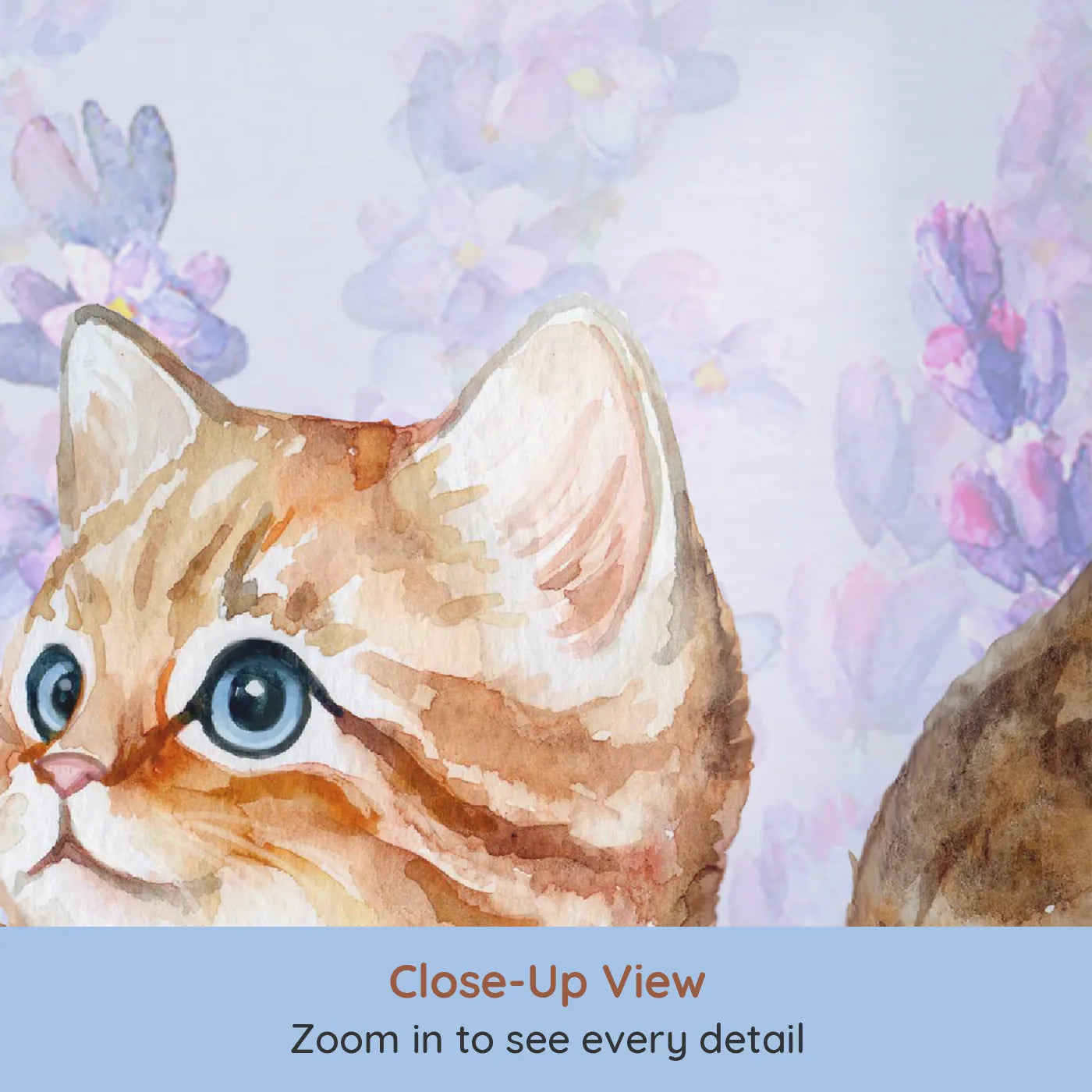 Close-up view of Whimsy Tots' Watercolor Kitten and Lavender Wall Mural (Turn Their Room into a Field of Gentle, Purple Dreams).Gender-Neutral