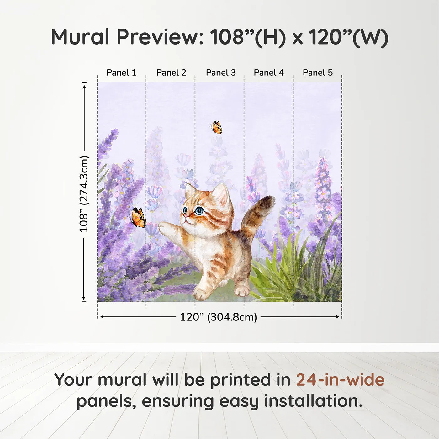 Whimsy Tots Watercolor Kitten and Lavender Wall Muraldimension view (108" H x 120" W). Printed in five 24-inch-wide panels. Gender-Neutral