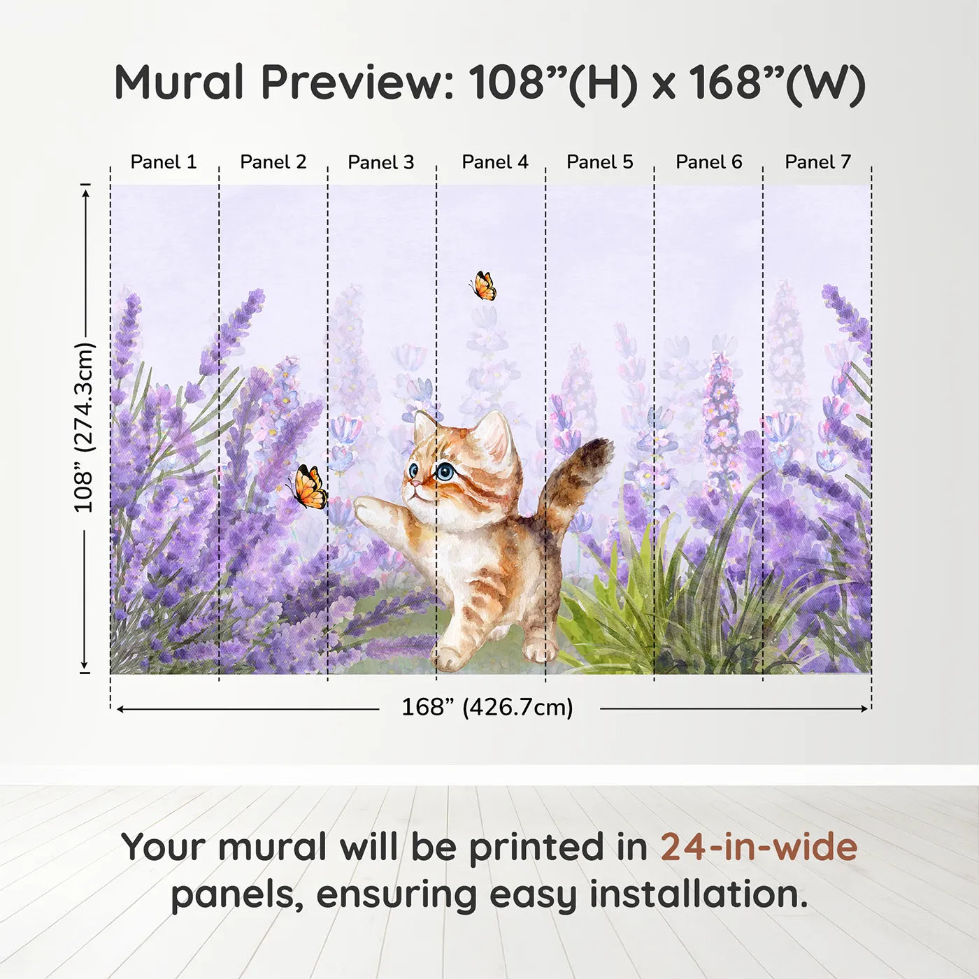 Whimsy Tots Watercolor Kitten and Lavender Wall Muraldimension view (108" H x 168" W). Printed in seven 24-inch-wide panels. Gender-Neutral