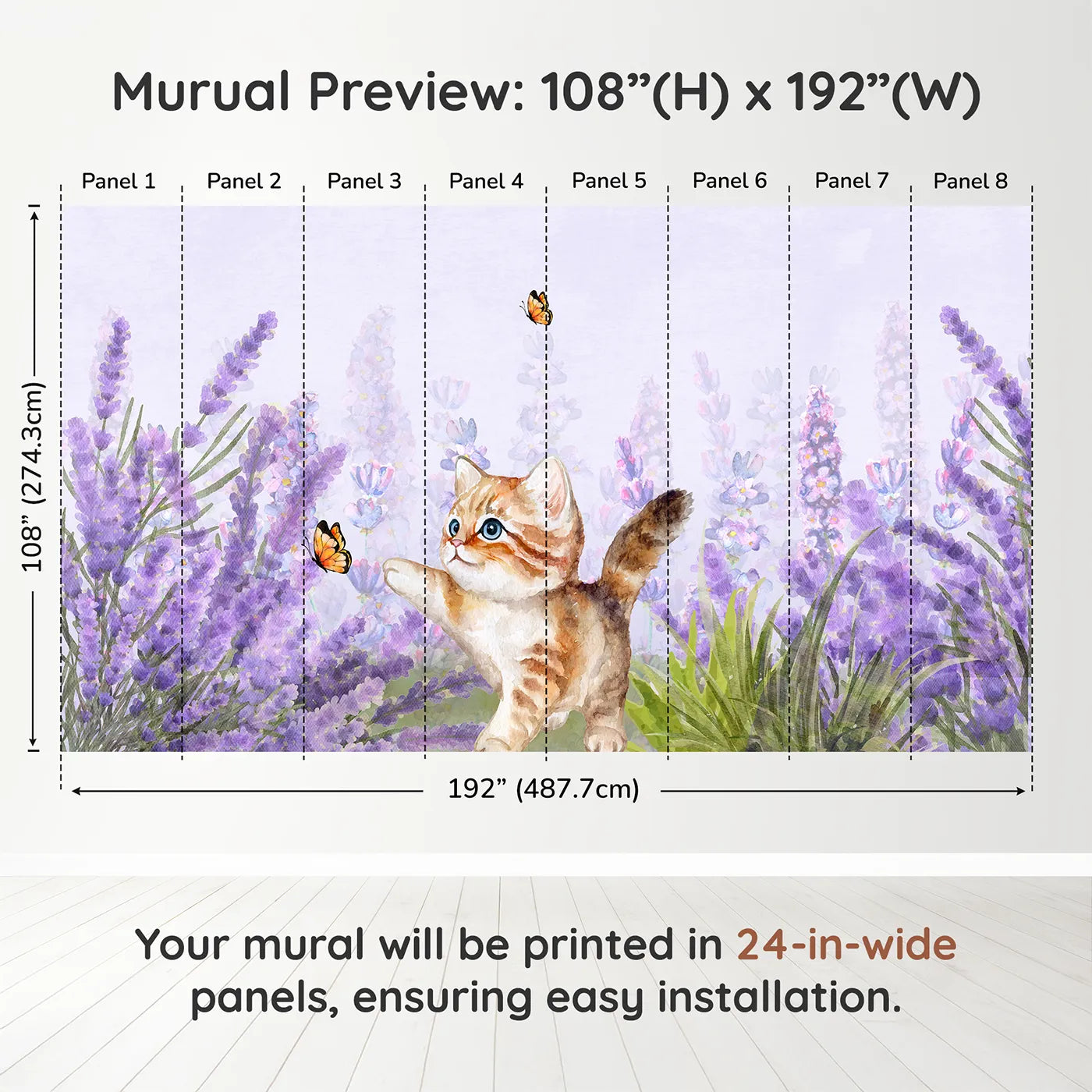 Whimsy Tots Watercolor Kitten and Lavender Wall Muraldimension view (108" H x 192" W). Printed in eight 24-inch-wide panels. Gender-Neutral