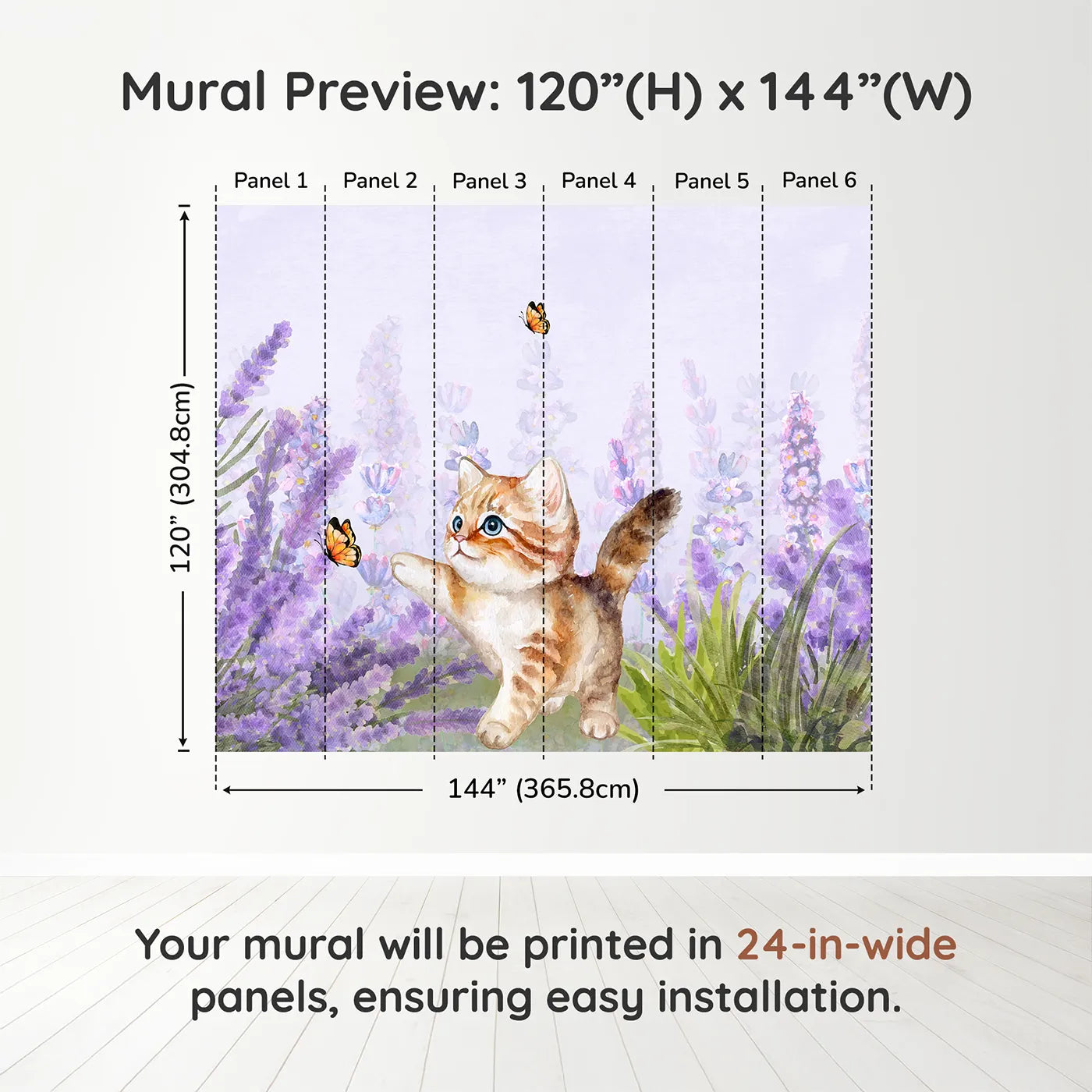 Whimsy Tots Watercolor Kitten and Lavender Wall Muraldimension view (120" H x 144" W). Printed in six 24-inch-wide panels. Gender-Neutral