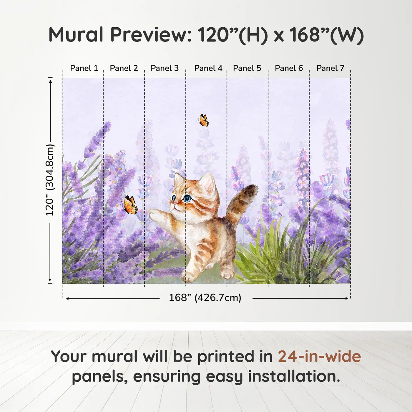 Whimsy Tots Watercolor Kitten and Lavender Wall Muraldimension view (120" H x 168" W). Printed in seven 24-inch-wide panels. Gender-Neutral
