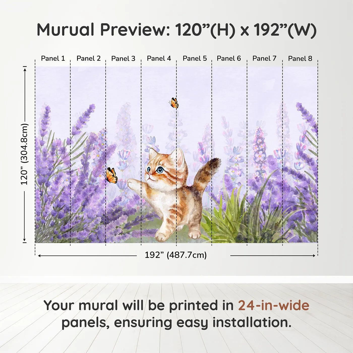 Whimsy Tots Watercolor Kitten and Lavender Wall Muraldimension view (120" H x 192" W). Printed in eight 24-inch-wide panels. Gender-Neutral