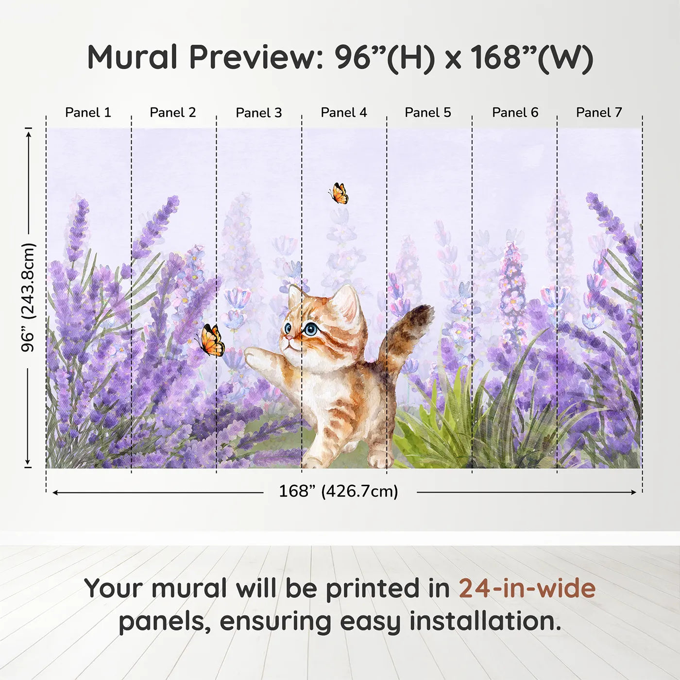 Whimsy Tots Watercolor Kitten and Lavender Wall Muraldimension view (96" H x 168" W). Printed in seven 24-inch-wide panels. Gender-Neutral