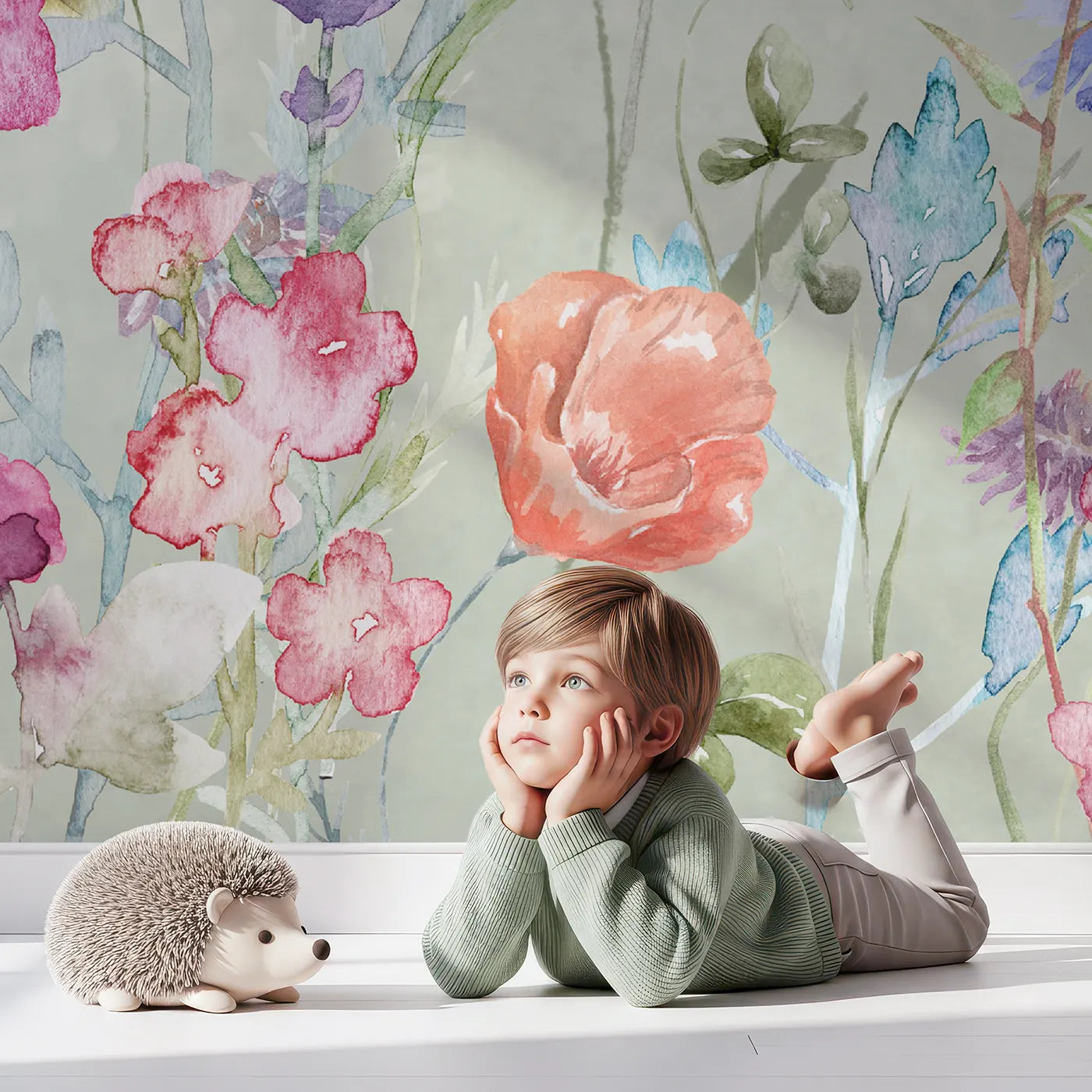 Child in front of Whimsy Tots Watercolor Wildflower Garden Wall Mural with flower, wildflower, watercolor, painterly, floral, garden, pink, blue in design.