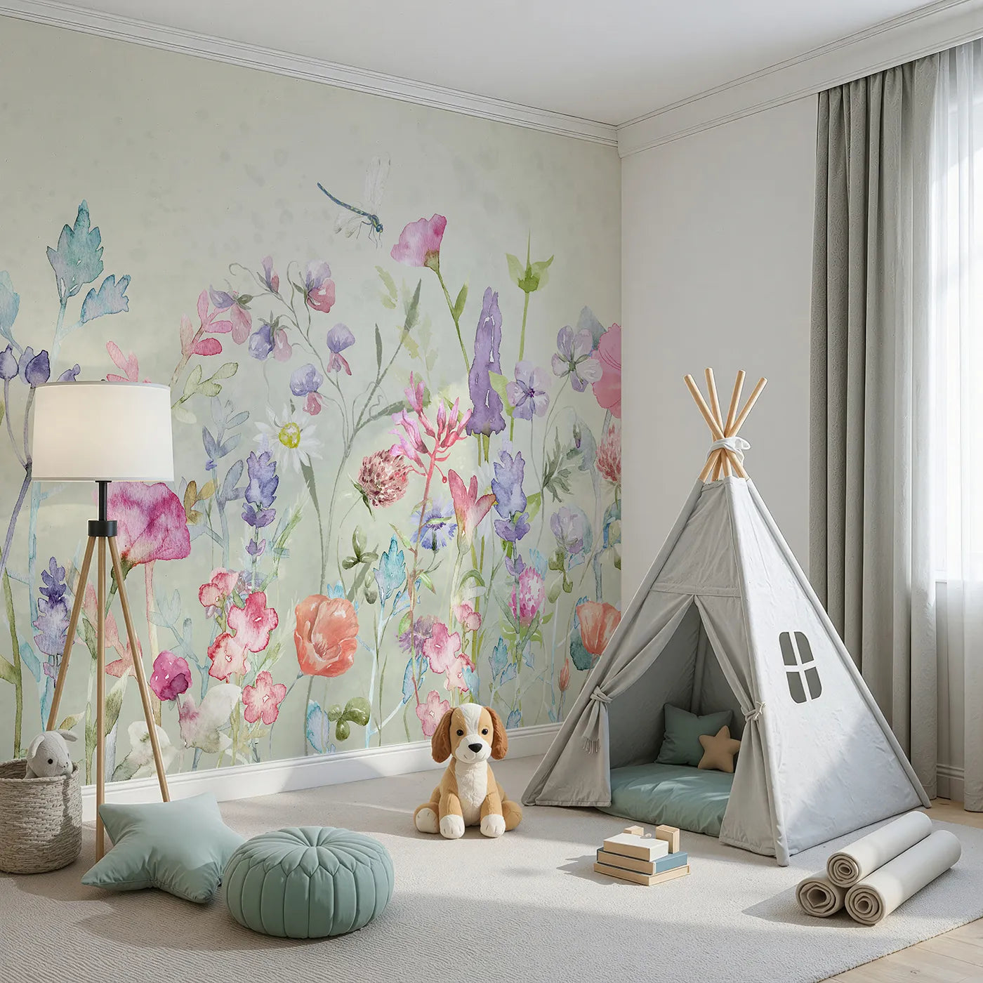 Angled view of Whimsy Tots' Watercolor Wildflower Garden Wall Mural (Turn Their Room into a Meadow of Delicate, Painted Flowers).Gender-Neutral