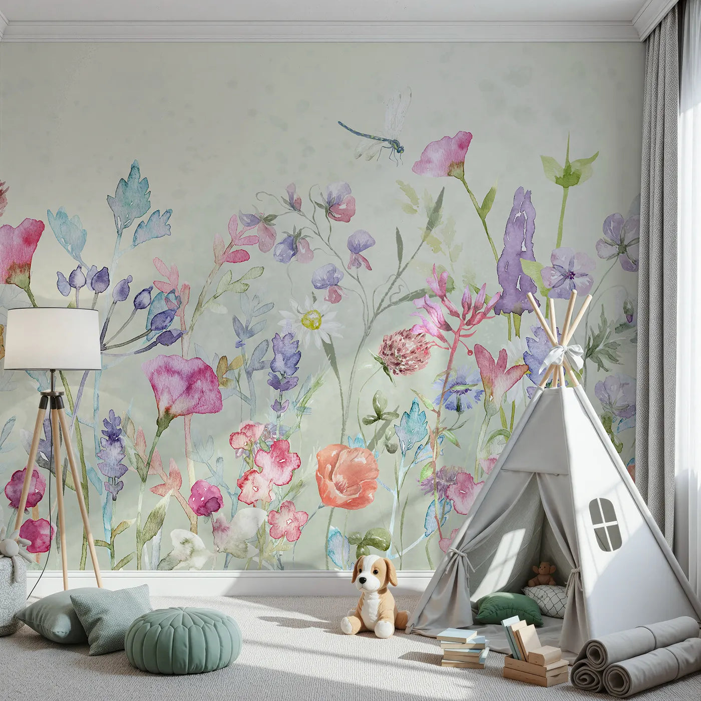 Front view of Whimsy Tots' Watercolor Wildflower Garden Wall Mural