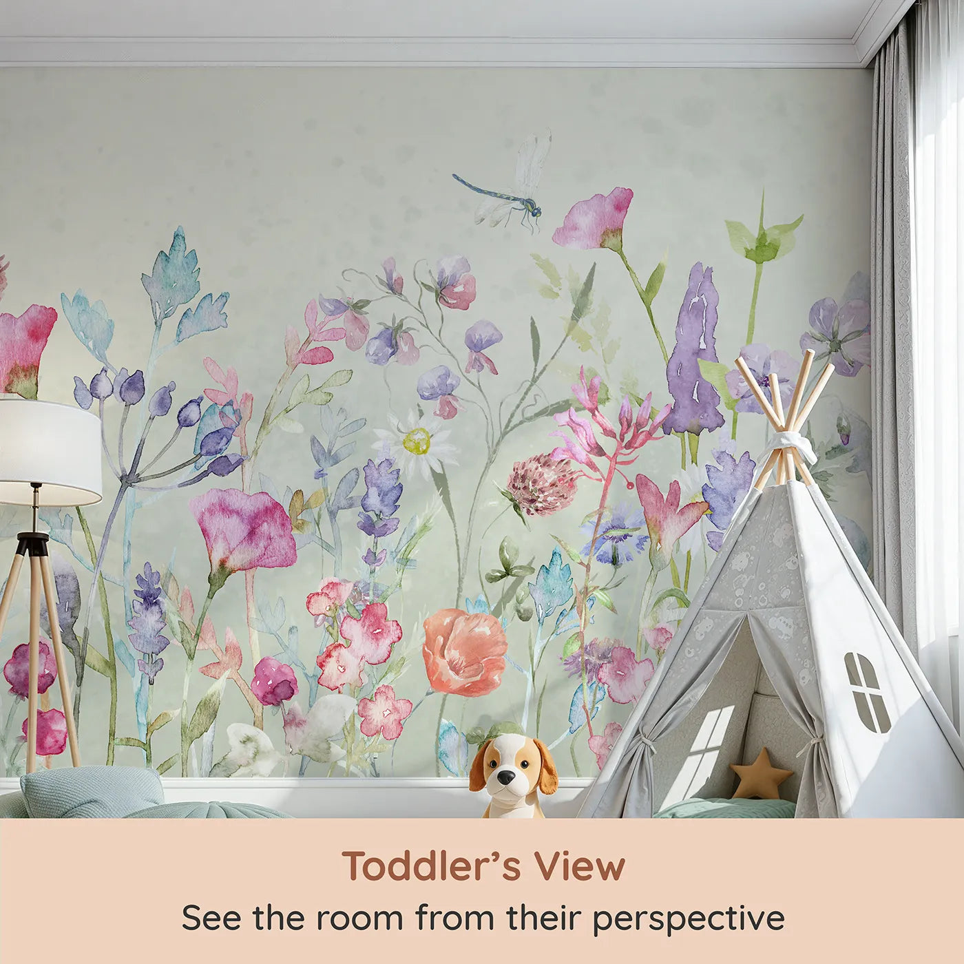 Whimsy Tots Watercolor Wildflower Garden Wall Mural (Turn Their Room into a Meadow of Delicate, Painted Flowers) from your child's view.Gender-Neutral