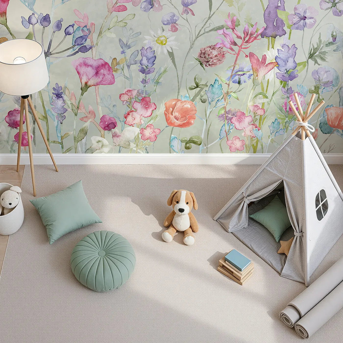 Top-down view of Whimsy Tots' Watercolor Wildflower Garden Wall Mural (Turn Their Room into a Meadow of Delicate, Painted Flowers).Gender-Neutral