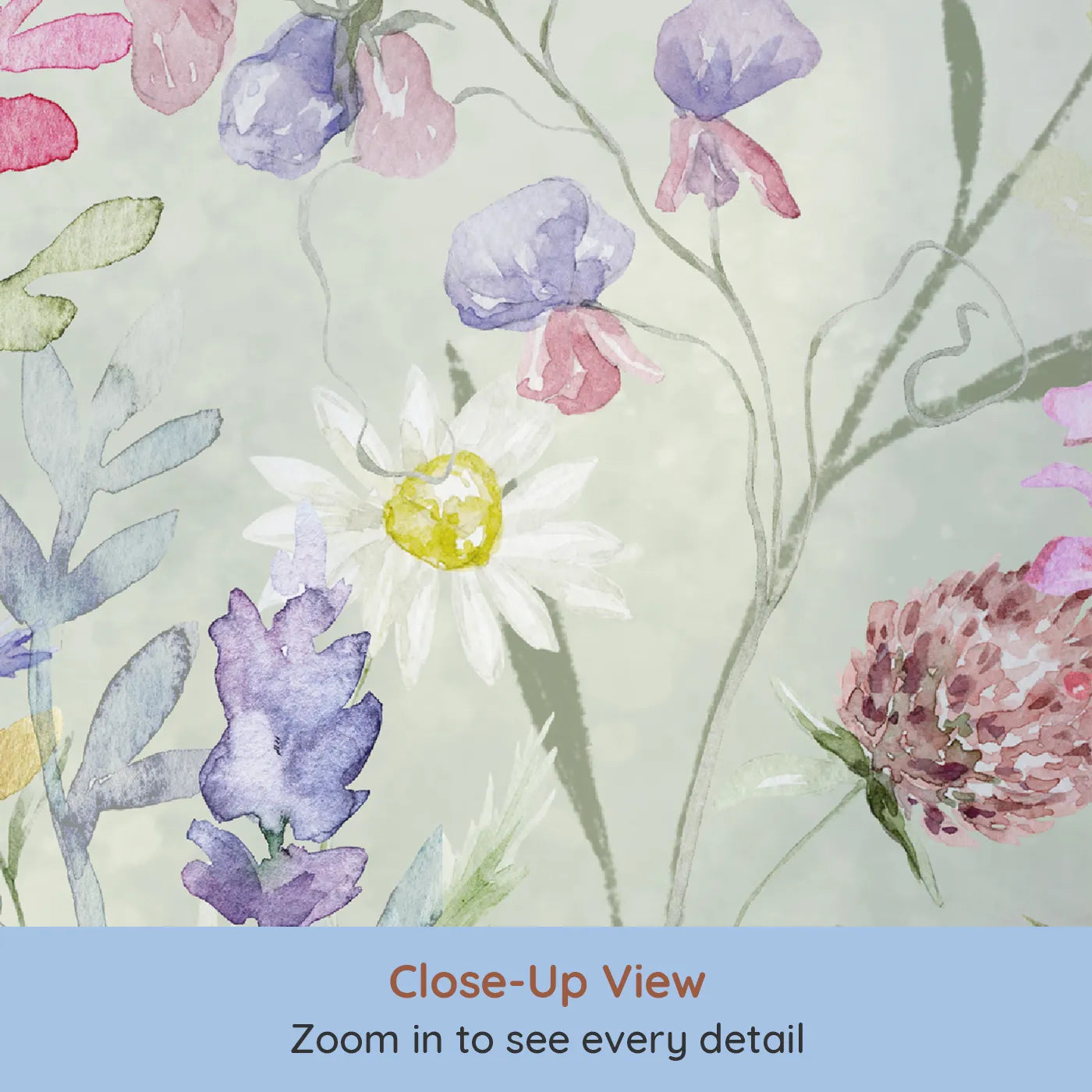 Close-up view of Whimsy Tots' Watercolor Wildflower Garden Wall Mural (Turn Their Room into a Meadow of Delicate, Painted Flowers).Gender-Neutral