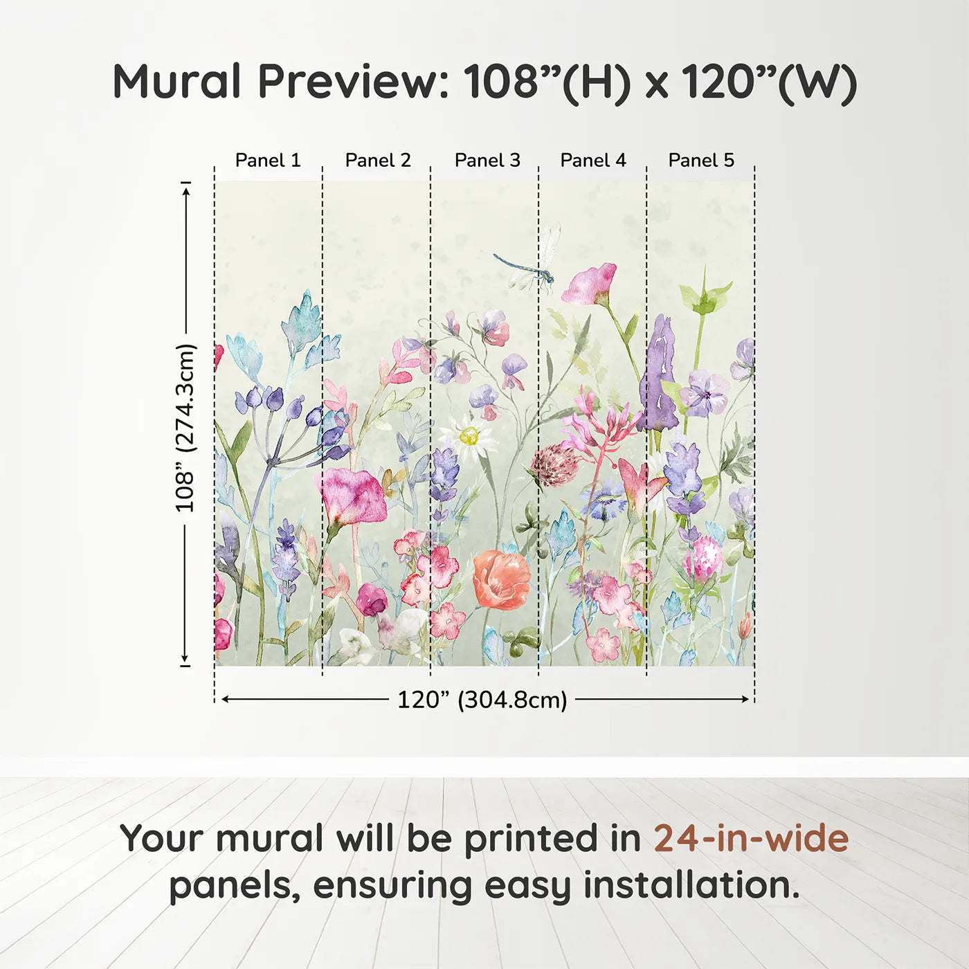 Whimsy Tots Watercolor Wildflower Garden Wall Muraldimension view (108" H x 120" W). Printed in five 24-inch-wide panels. Gender-Neutral
