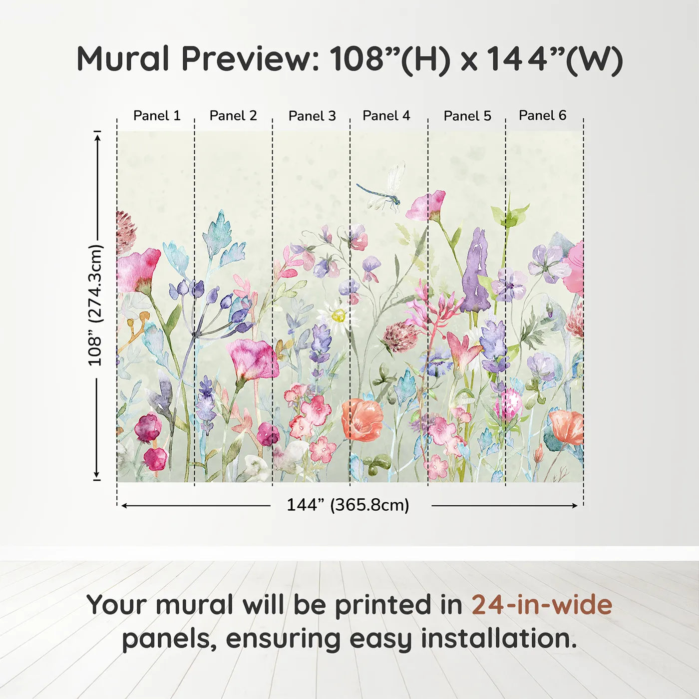 Whimsy Tots Watercolor Wildflower Garden Wall Muraldimension view (108" H x 144" W). Printed in six 24-inch-wide panels. Gender-Neutral