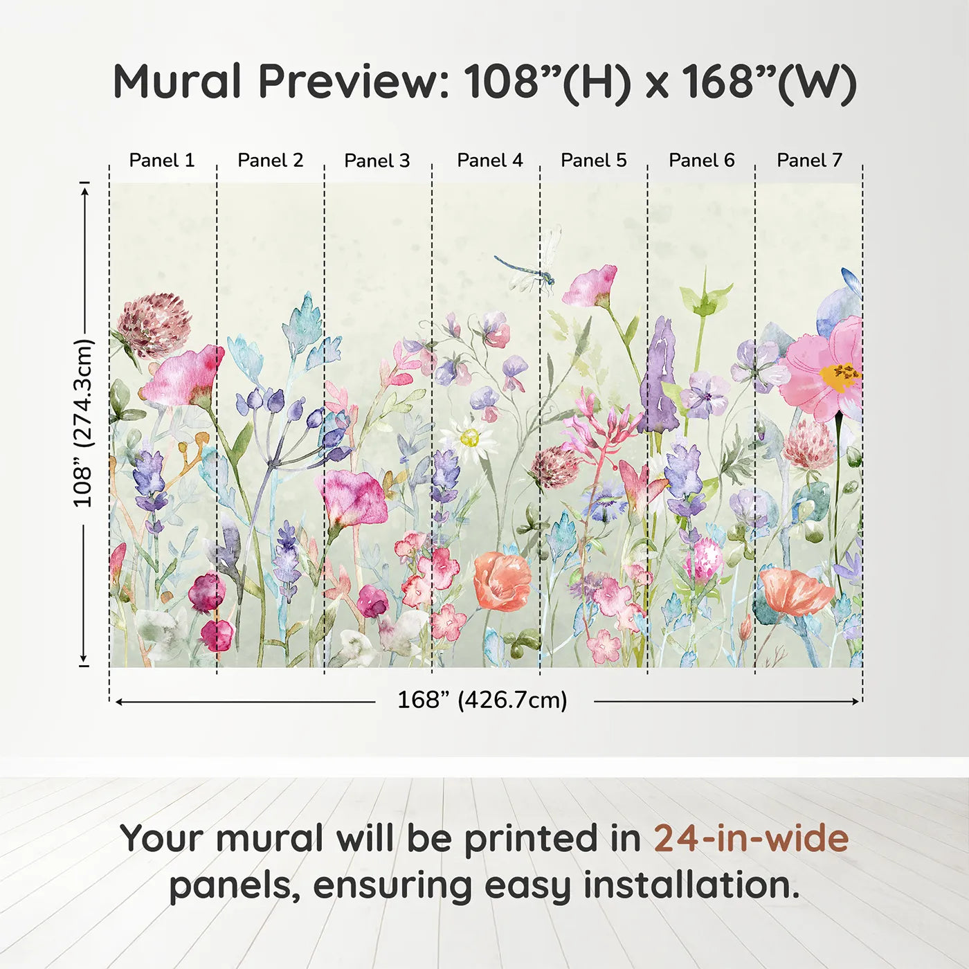 Whimsy Tots Watercolor Wildflower Garden Wall Muraldimension view (108" H x 168" W). Printed in seven 24-inch-wide panels. Gender-Neutral