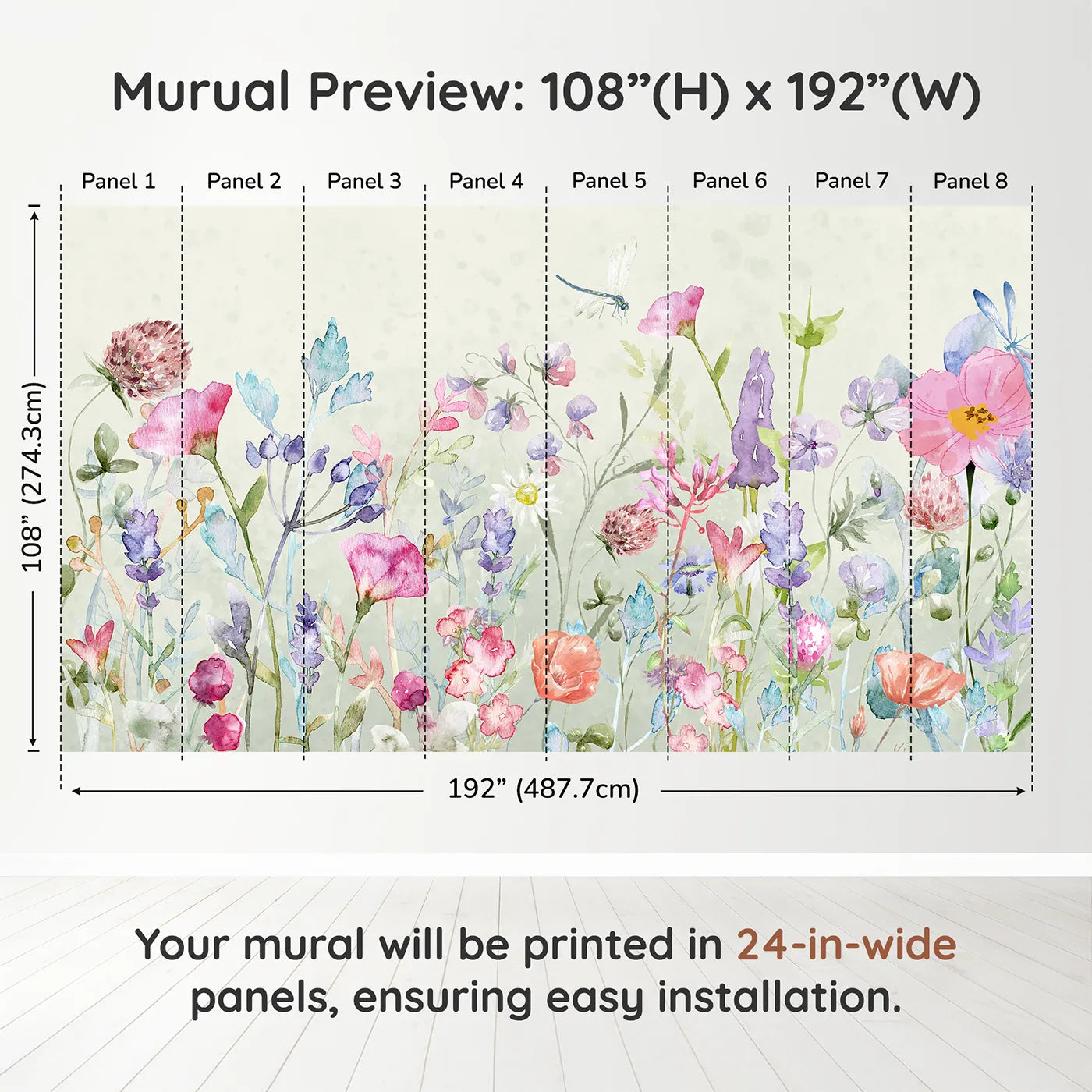 Whimsy Tots Watercolor Wildflower Garden Wall Muraldimension view (108" H x 192" W). Printed in eight 24-inch-wide panels. Gender-Neutral