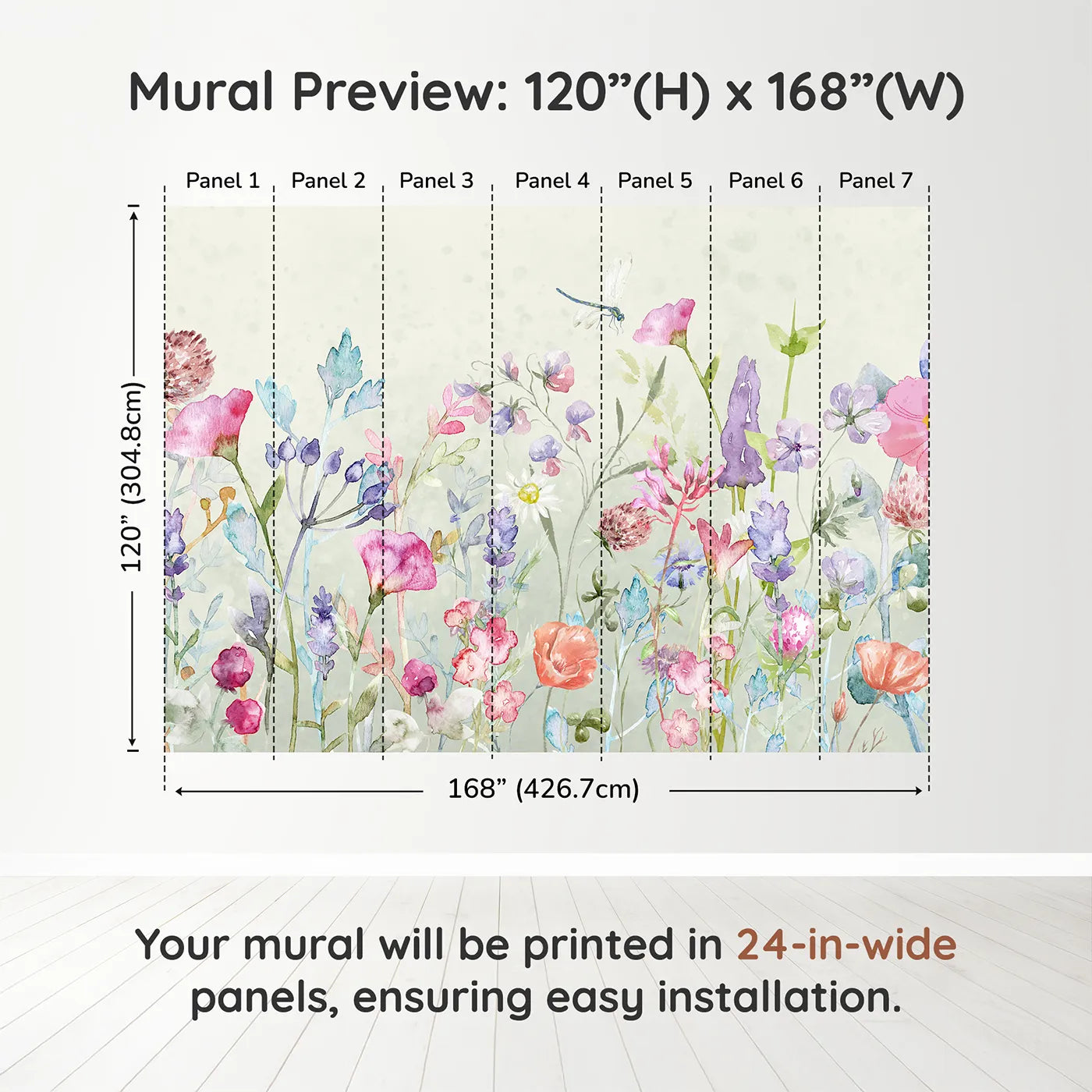 Whimsy Tots Watercolor Wildflower Garden Wall Muraldimension view (120" H x 168" W). Printed in seven 24-inch-wide panels. Gender-Neutral