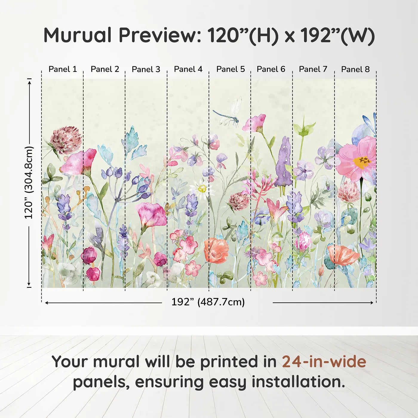 Whimsy Tots Watercolor Wildflower Garden Wall Muraldimension view (120" H x 192" W). Printed in eight 24-inch-wide panels. Gender-Neutral
