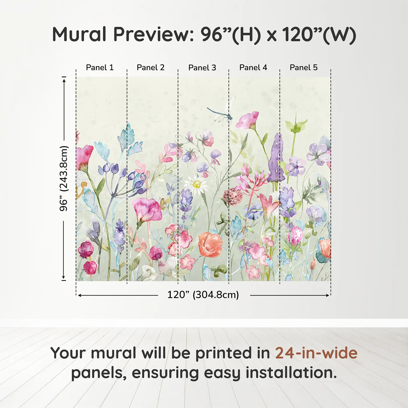 Whimsy Tots Watercolor Wildflower Garden Wall Muraldimension view (96" H x 120" W). Printed in five 24-inch-wide panels. Gender-Neutral