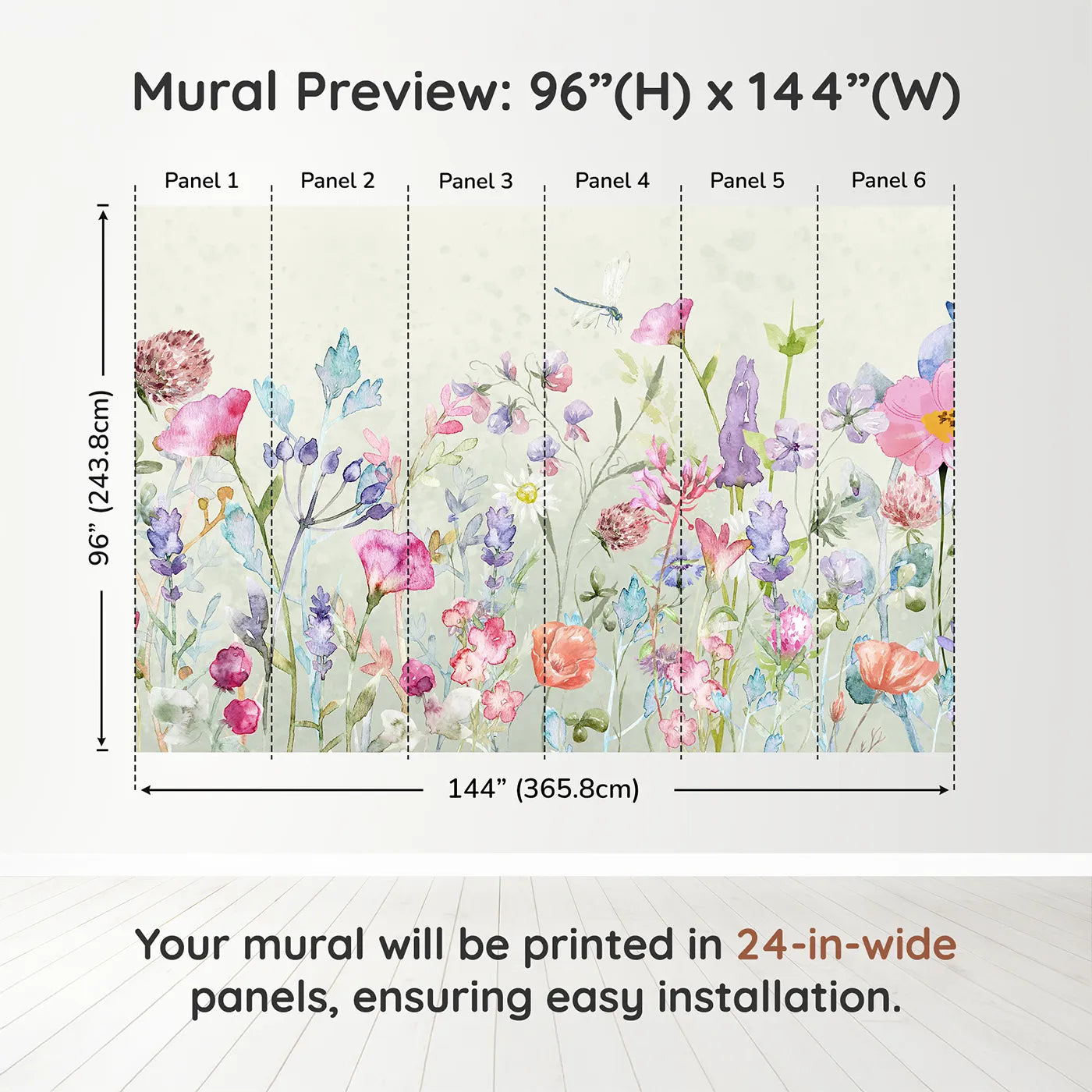 Whimsy Tots Watercolor Wildflower Garden Wall Muraldimension view (96" H x 144" W). Printed in six 24-inch-wide panels. Gender-Neutral