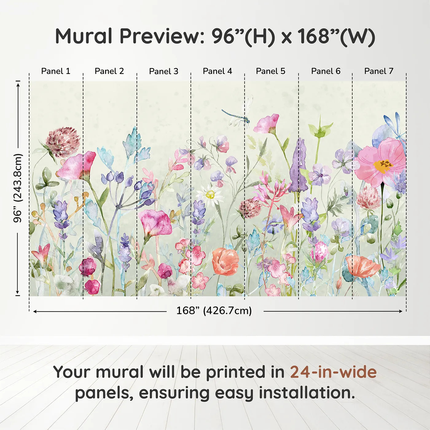 Whimsy Tots Watercolor Wildflower Garden Wall Muraldimension view (96" H x 168" W). Printed in seven 24-inch-wide panels. Gender-Neutral
