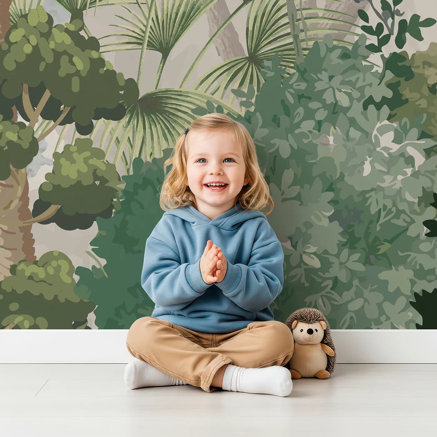 Child in front of Whimsy Tots Misty Jungle Cockatoos Wall Mural with safari, jungle, mist, cockatoo, parrot, bird, realistic, nature in design.