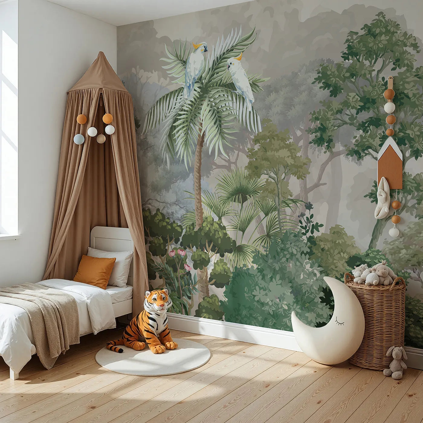 Angled view of Whimsy Tots' Misty Jungle Cockatoos Wall Mural (Turn Their Room into a Mysterious, Foggy Rainforest).Gender-Neutral