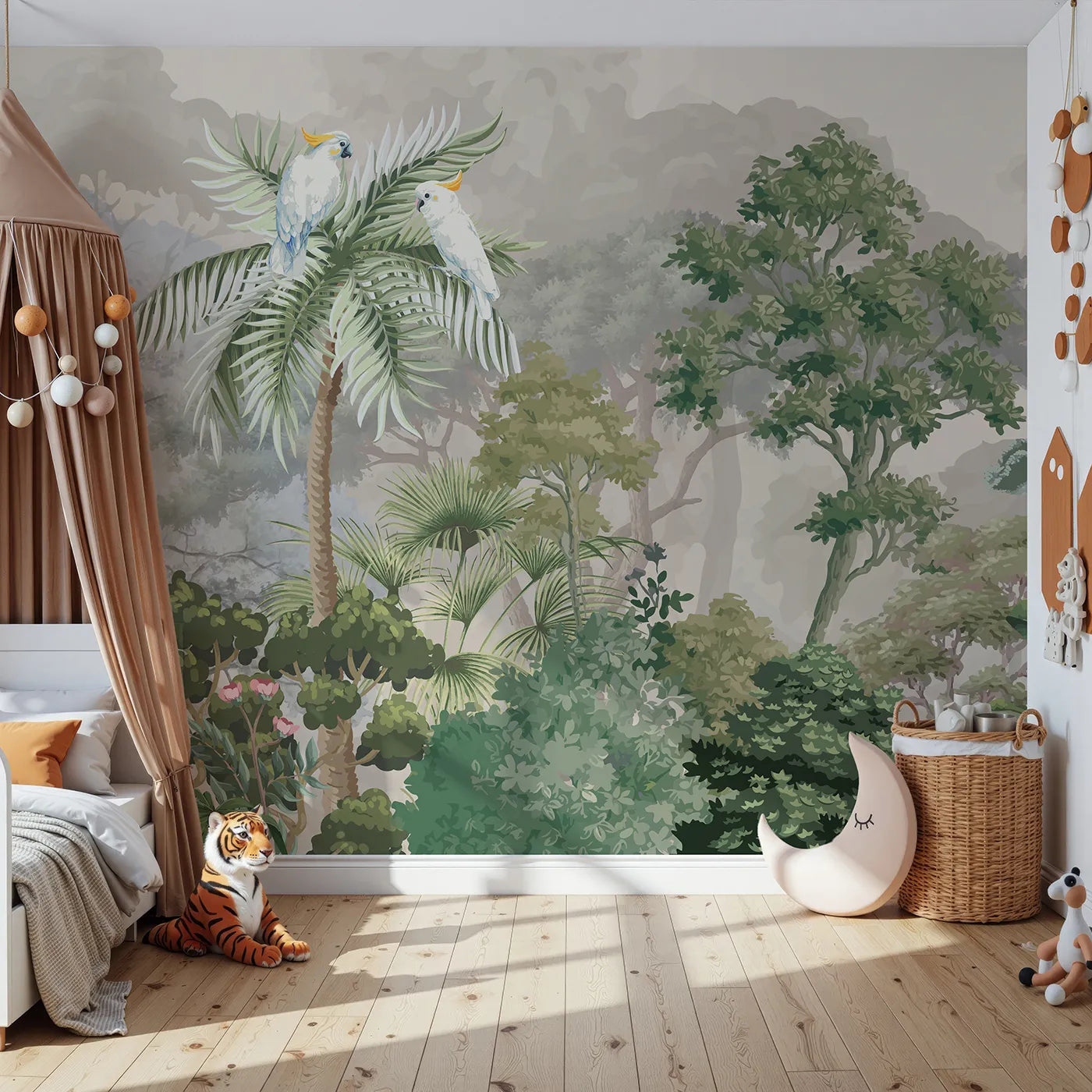 Front view of Whimsy Tots' Misty Jungle Cockatoos Wall Mural