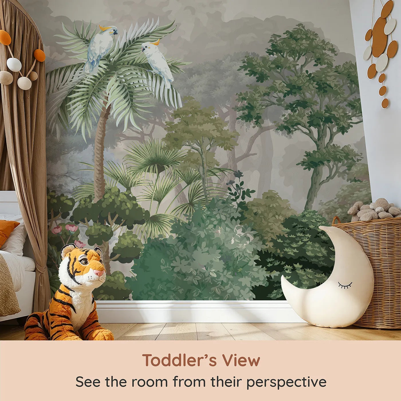 Whimsy Tots Misty Jungle Cockatoos Wall Mural (Turn Their Room into a Mysterious, Foggy Rainforest) from your child's view.Gender-Neutral
