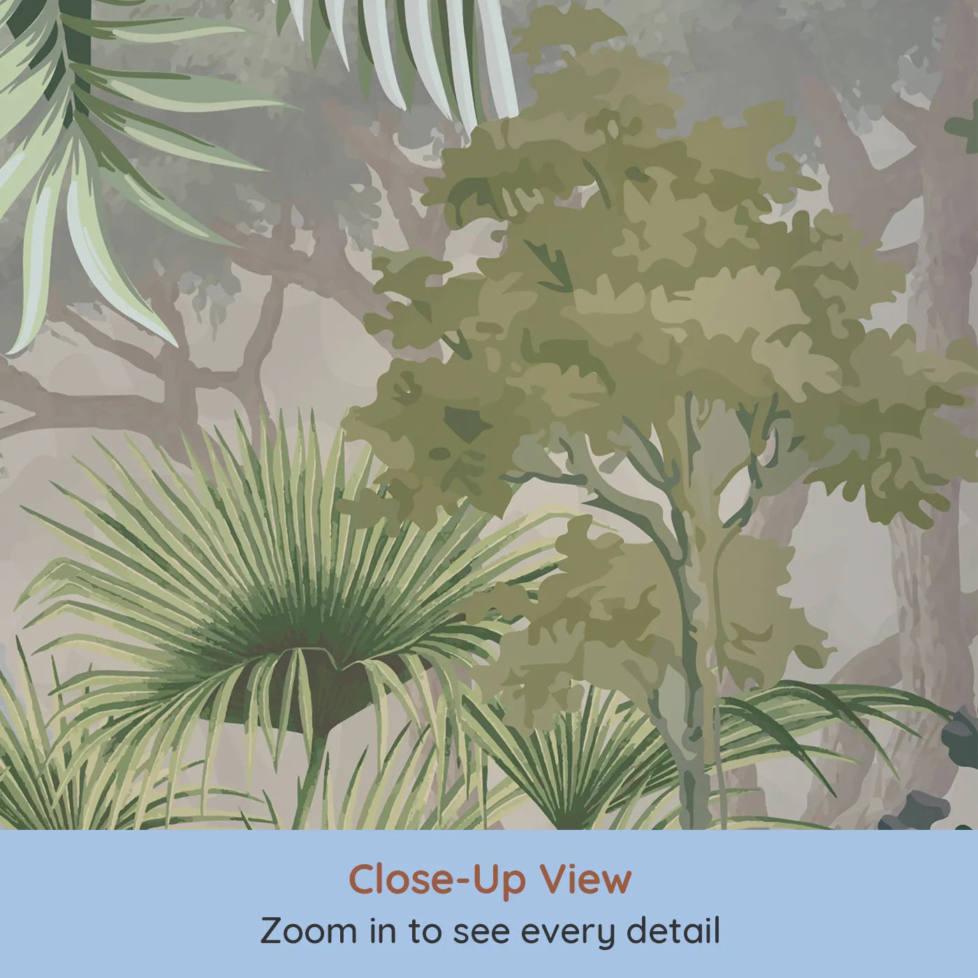 Close-up view of Whimsy Tots' Misty Jungle Cockatoos Wall Mural (Turn Their Room into a Mysterious, Foggy Rainforest).Gender-Neutral