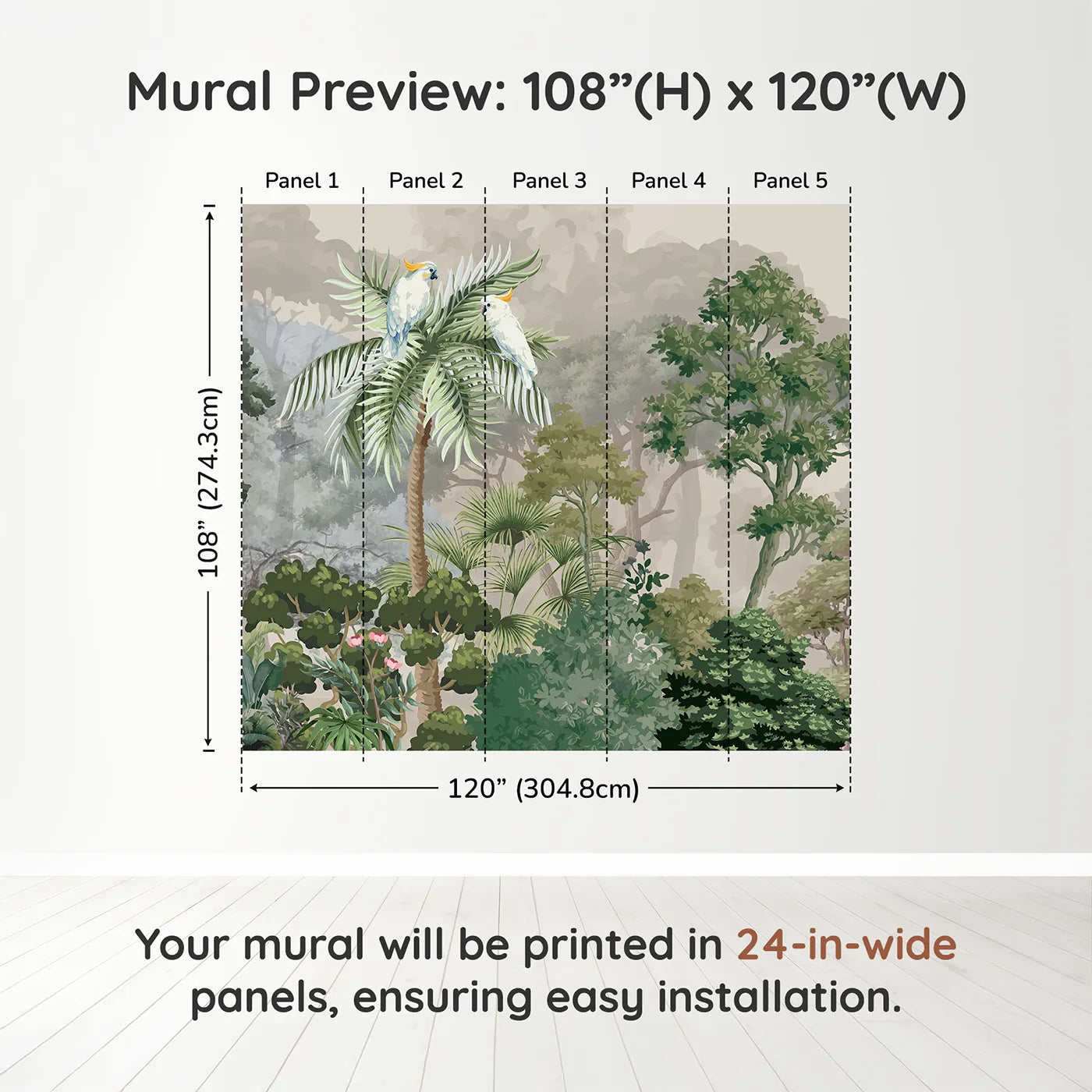 Whimsy Tots Misty Jungle Cockatoos Wall Muraldimension view (108" H x 120" W). Printed in five 24-inch-wide panels. Gender-Neutral