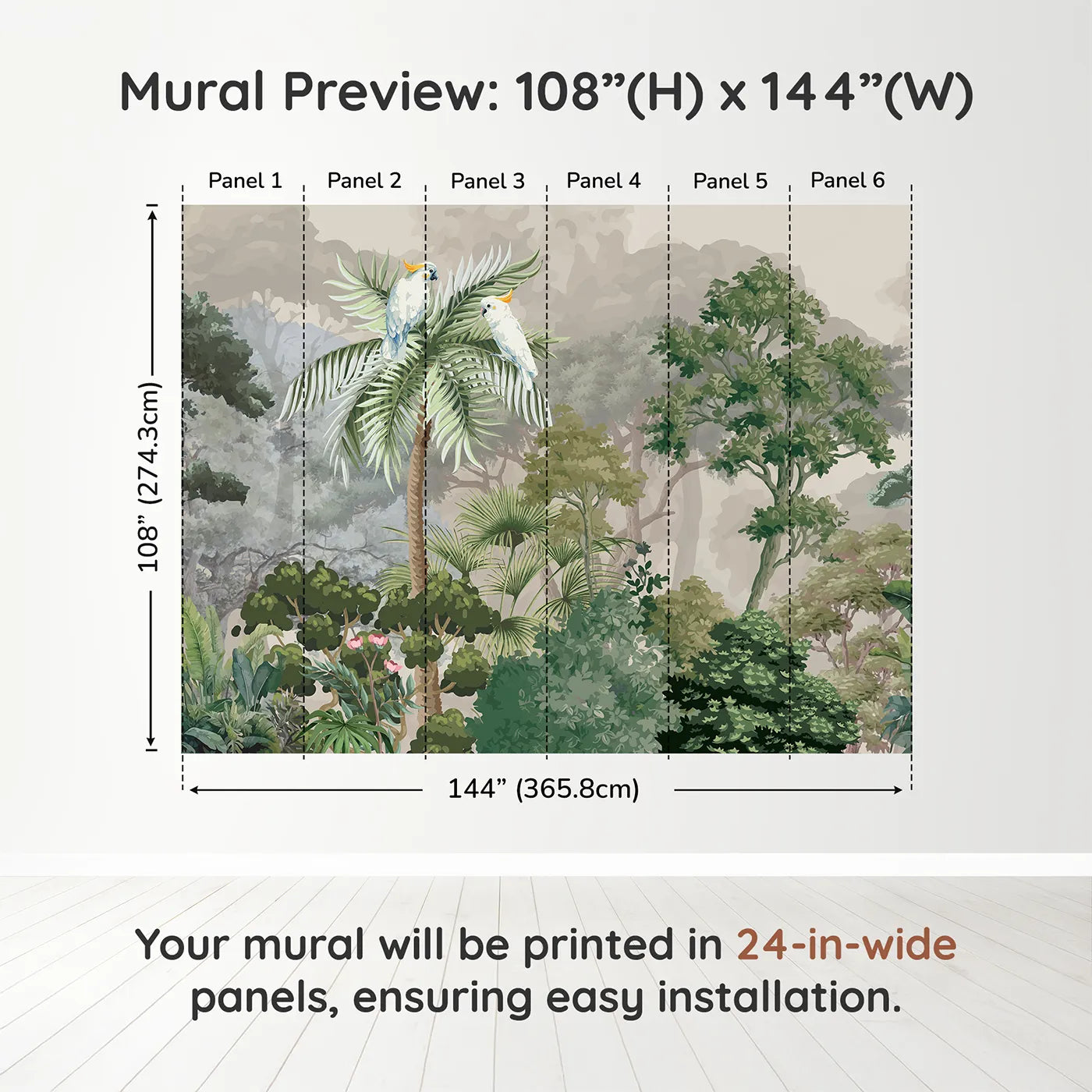 Whimsy Tots Misty Jungle Cockatoos Wall Muraldimension view (108" H x 144" W). Printed in six 24-inch-wide panels. Gender-Neutral