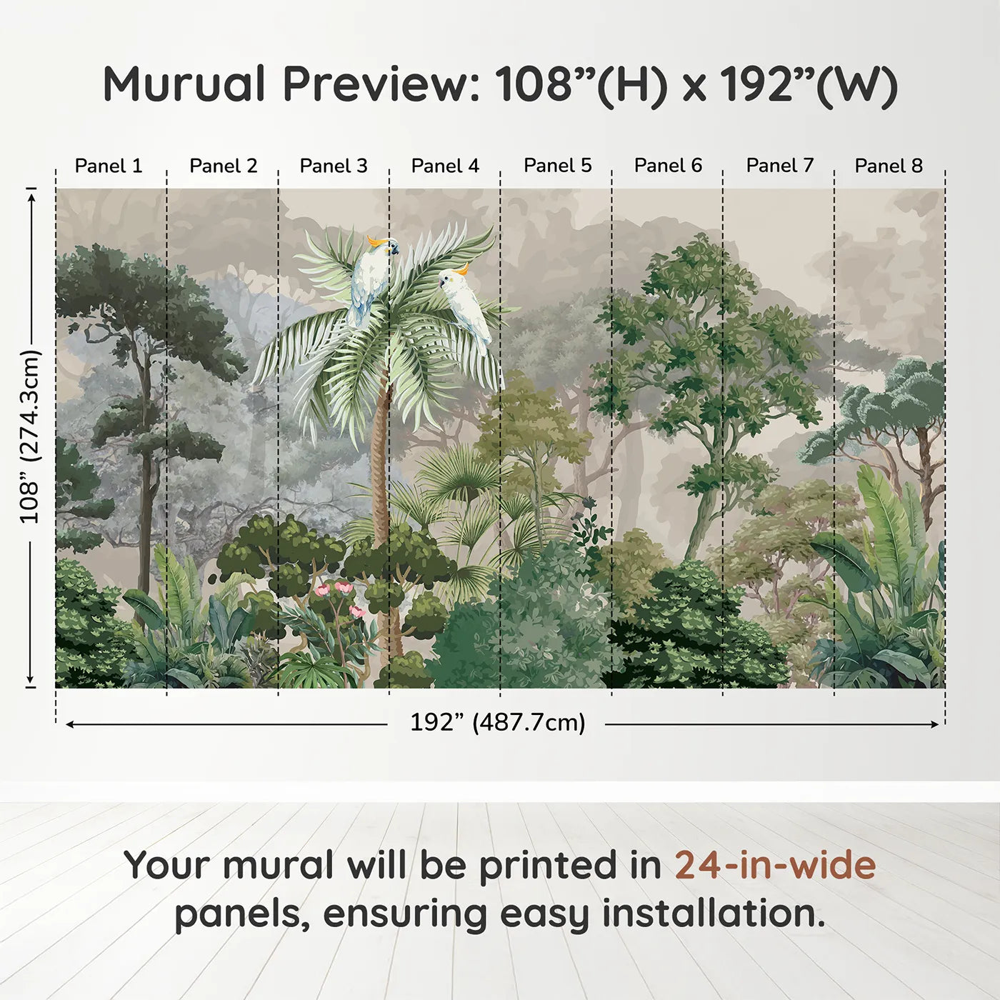 Whimsy Tots Misty Jungle Cockatoos Wall Muraldimension view (108" H x 192" W). Printed in eight 24-inch-wide panels. Gender-Neutral