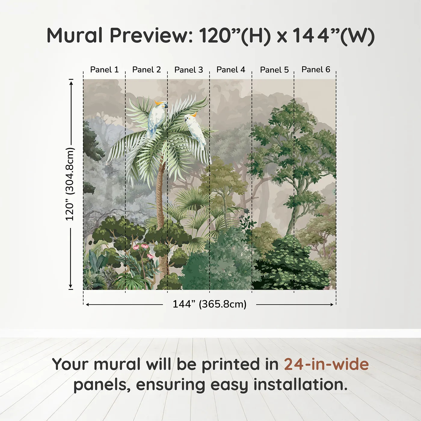 Whimsy Tots Misty Jungle Cockatoos Wall Muraldimension view (120" H x 144" W). Printed in six 24-inch-wide panels. Gender-Neutral