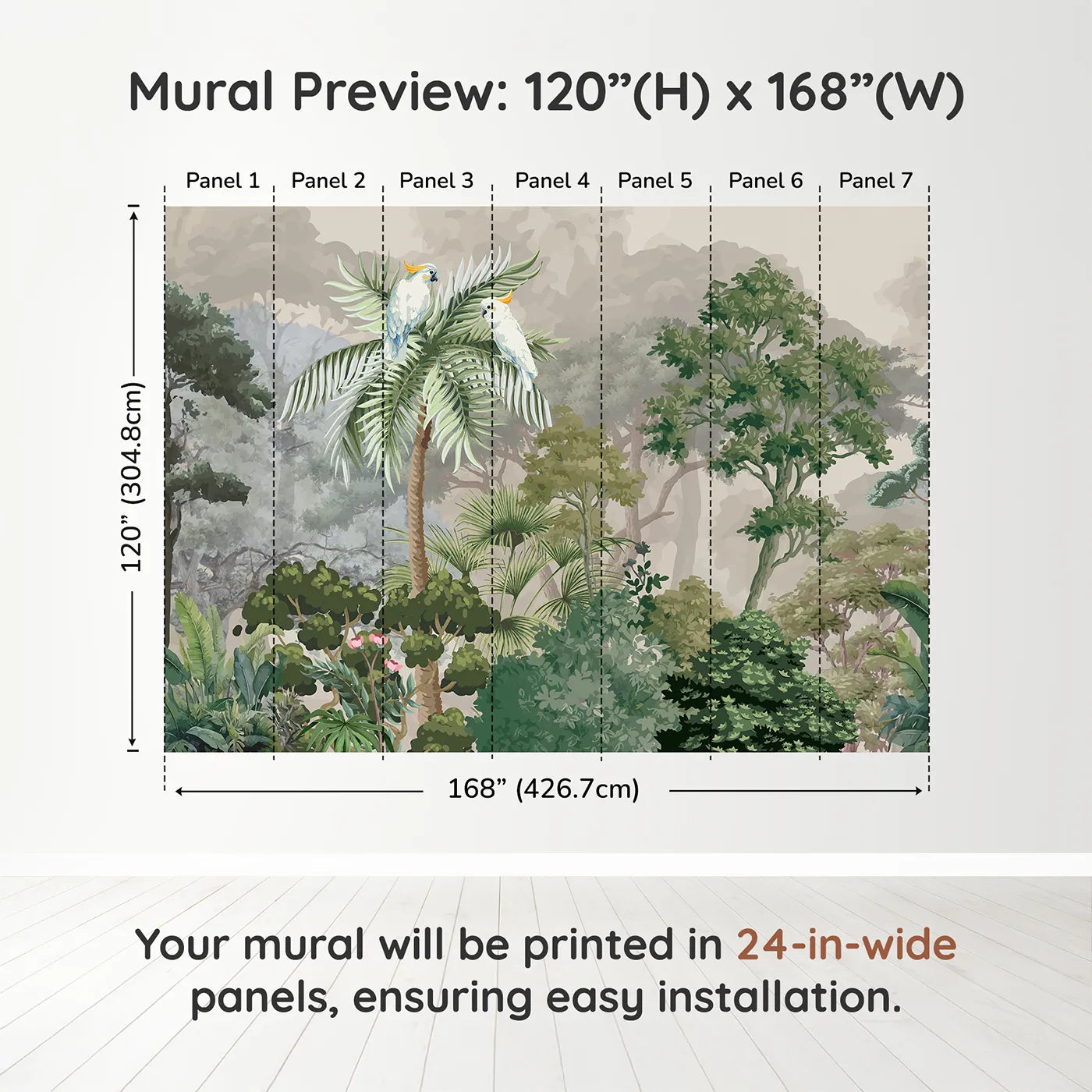 Whimsy Tots Misty Jungle Cockatoos Wall Muraldimension view (120" H x 168" W). Printed in seven 24-inch-wide panels. Gender-Neutral