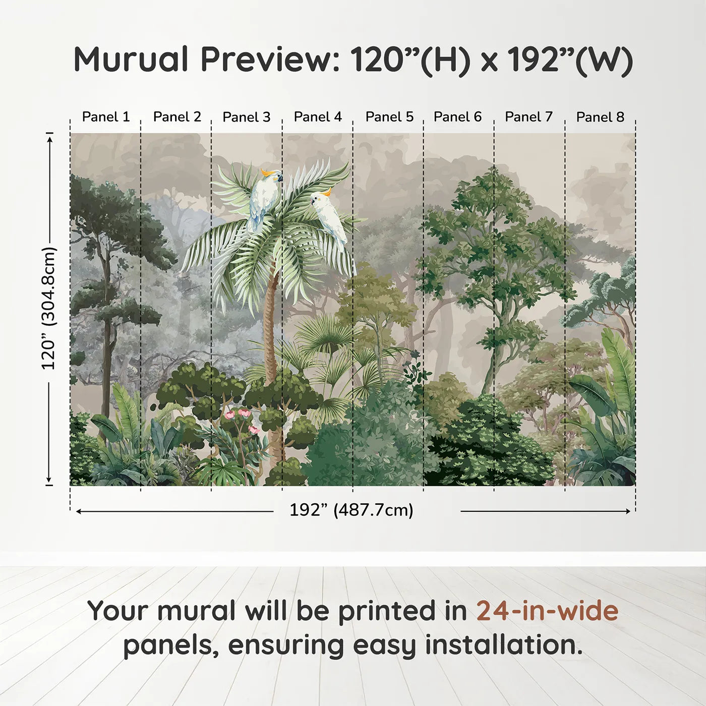 Whimsy Tots Misty Jungle Cockatoos Wall Muraldimension view (120" H x 192" W). Printed in eight 24-inch-wide panels. Gender-Neutral