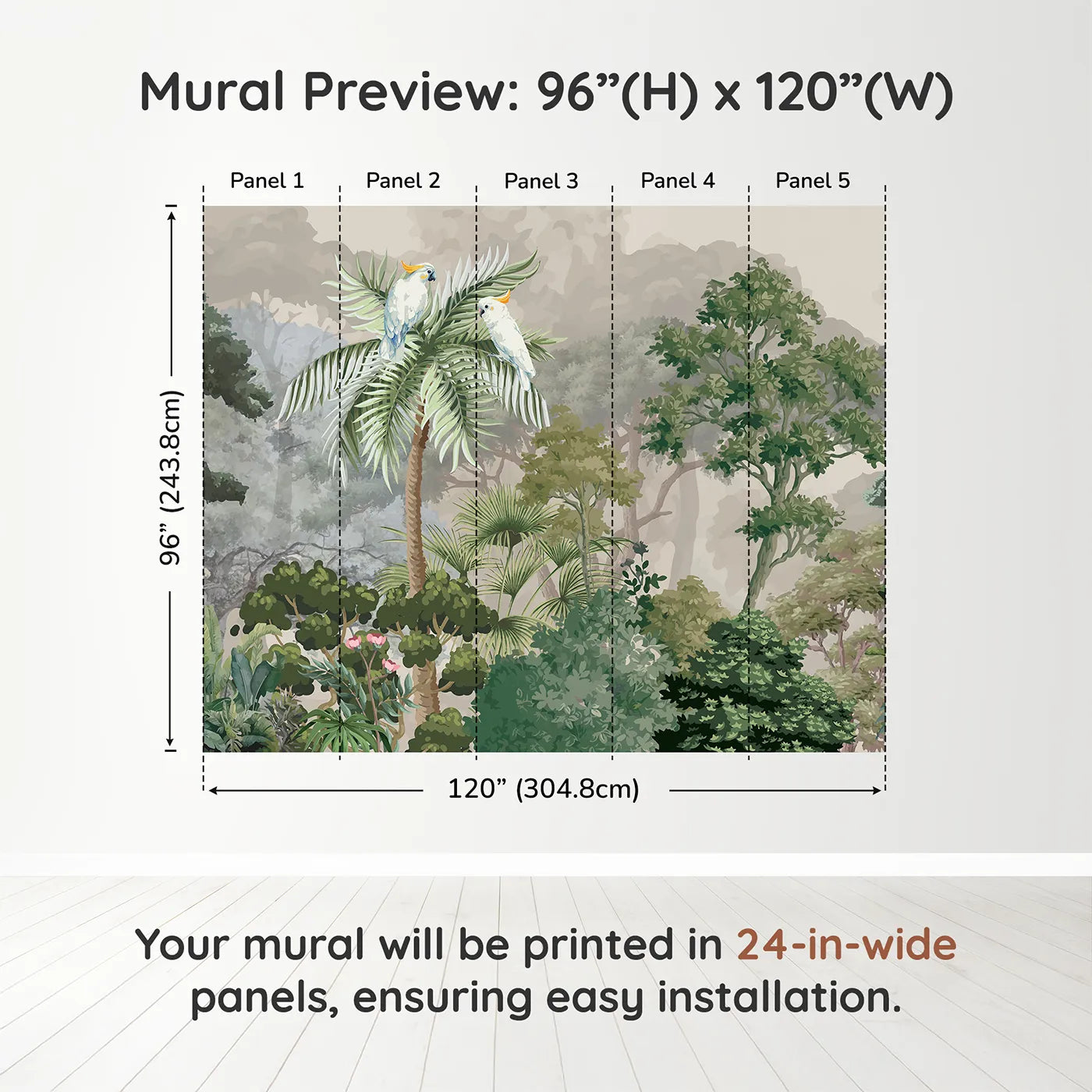 Whimsy Tots Misty Jungle Cockatoos Wall Muraldimension view (96" H x 120" W). Printed in five 24-inch-wide panels. Gender-Neutral
