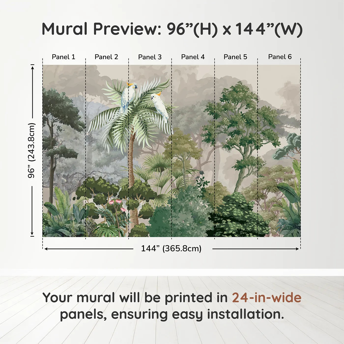 Whimsy Tots Misty Jungle Cockatoos Wall Muraldimension view (96" H x 144" W). Printed in six 24-inch-wide panels. Gender-Neutral