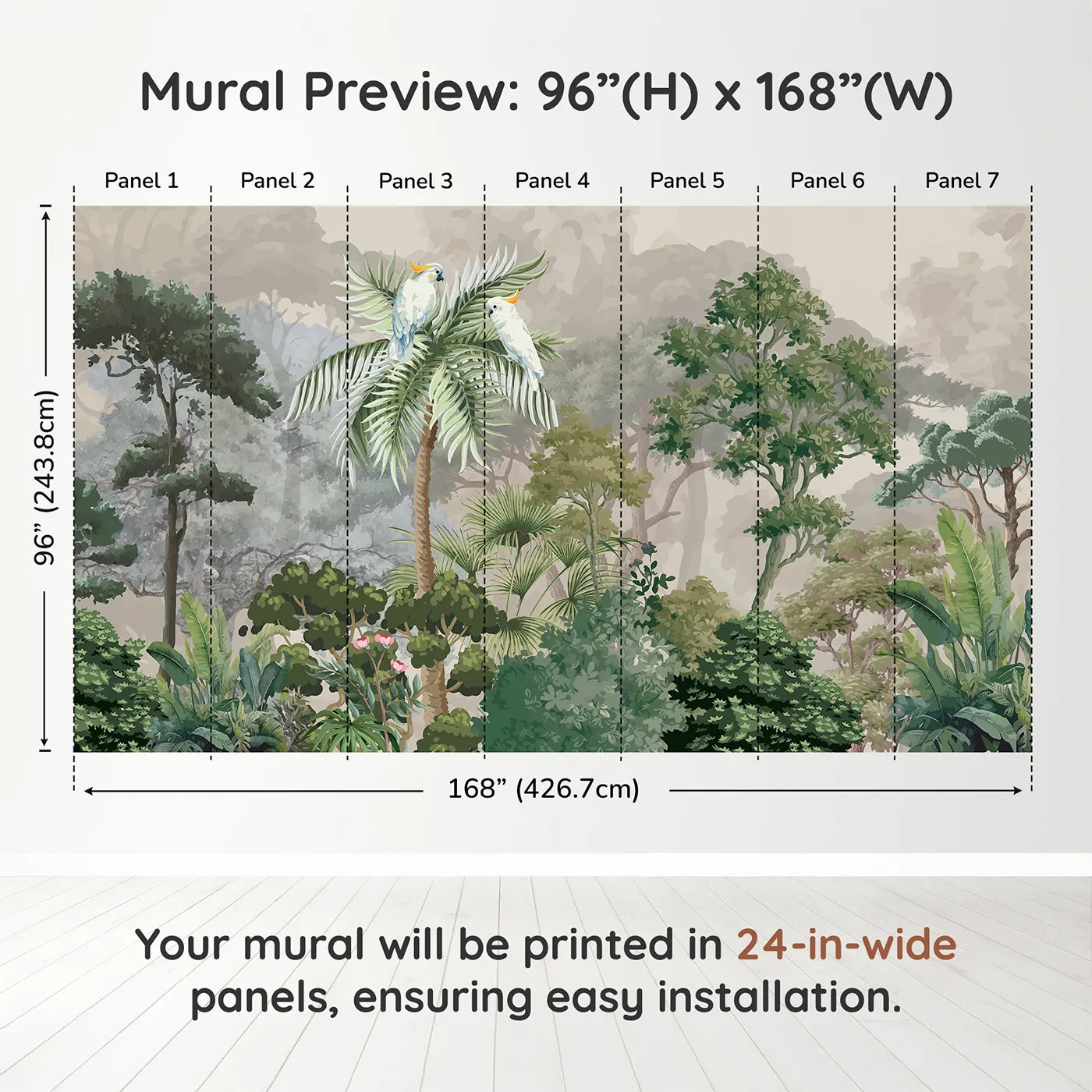 Whimsy Tots Misty Jungle Cockatoos Wall Muraldimension view (96" H x 168" W). Printed in seven 24-inch-wide panels. Gender-Neutral