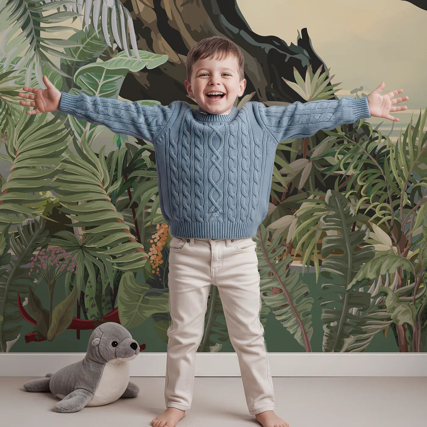 Child in front of Whimsy Tots Gnarled Tree Jungle Wall Mural with tree, branch, forest, nature, sketch, jungle, cockatoo, ancient in design.