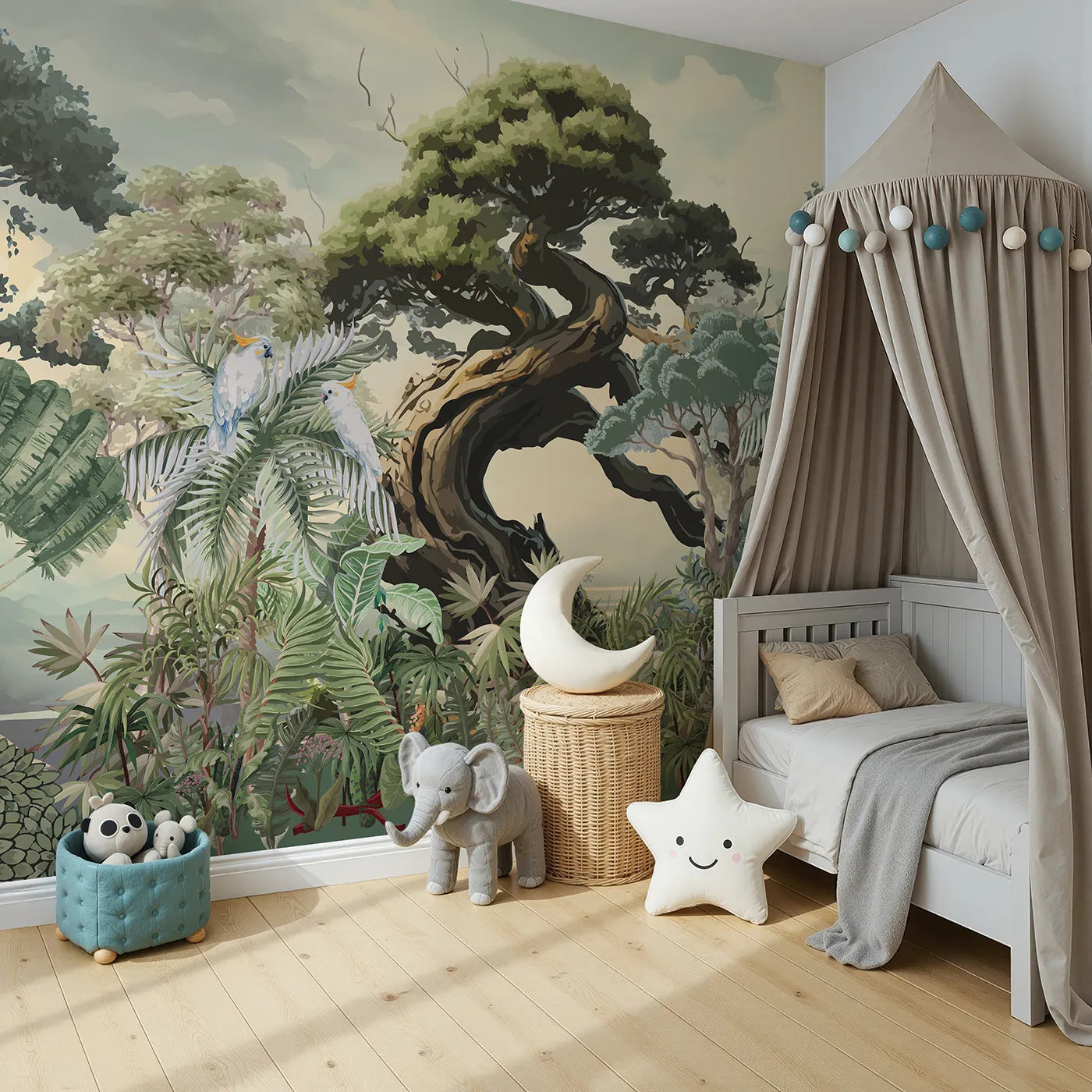 Angled view of Whimsy Tots' Gnarled Tree Jungle Wall Mural (Turn Their Room into an Ancient, Mystical Forest).Gender-Neutral
