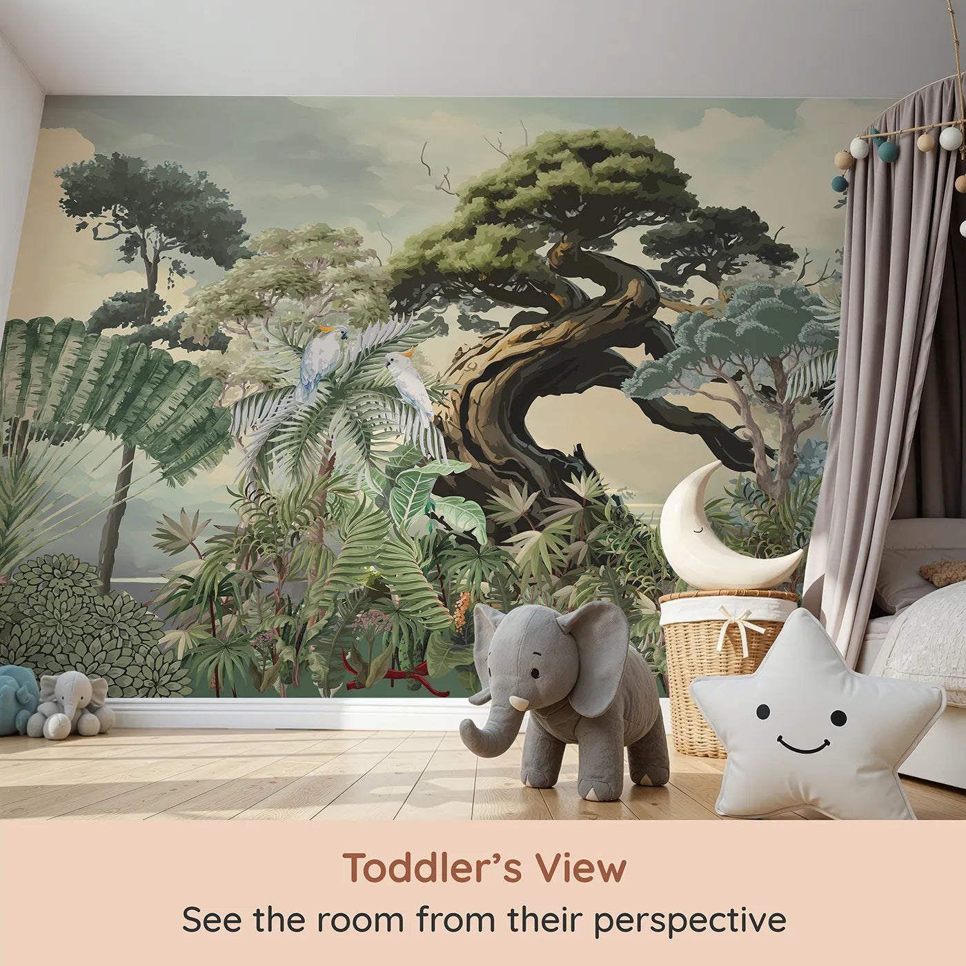 Whimsy Tots Gnarled Tree Jungle Wall Mural (Turn Their Room into an Ancient, Mystical Forest) from your child's view.Gender-Neutral
