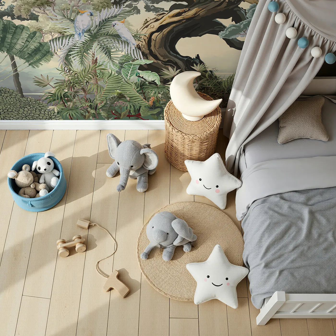 Top-down view of Whimsy Tots' Gnarled Tree Jungle Wall Mural (Turn Their Room into an Ancient, Mystical Forest).Gender-Neutral